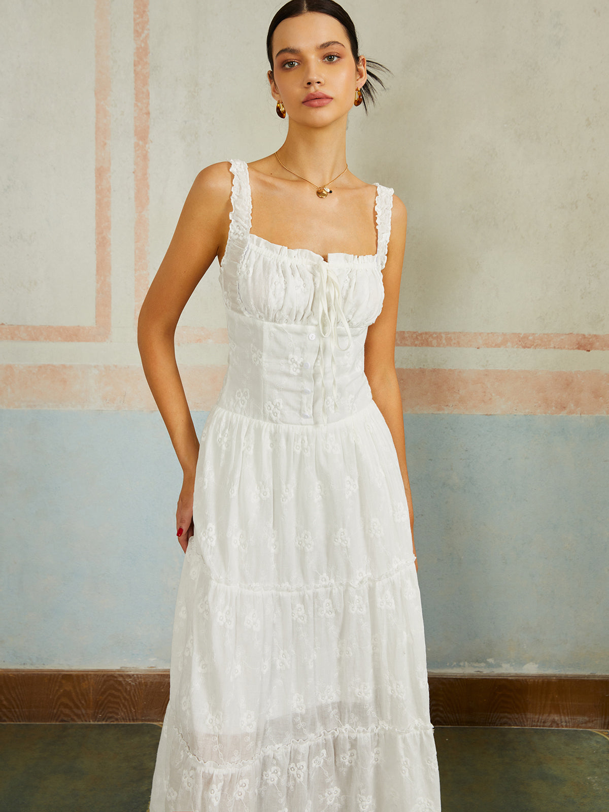 Ruffled Hem Sleeveless Embroidered Long Dress