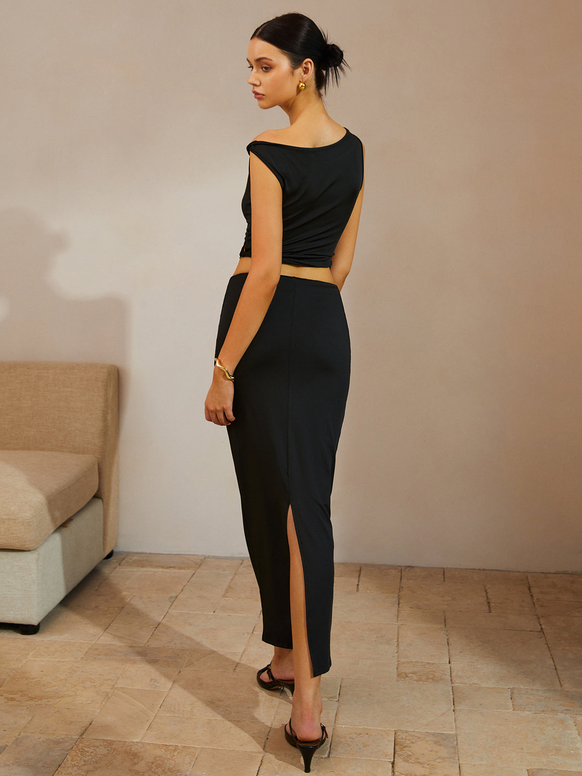 Asymmetrical Neck Ruched Top & Split Maxi Skirt Set