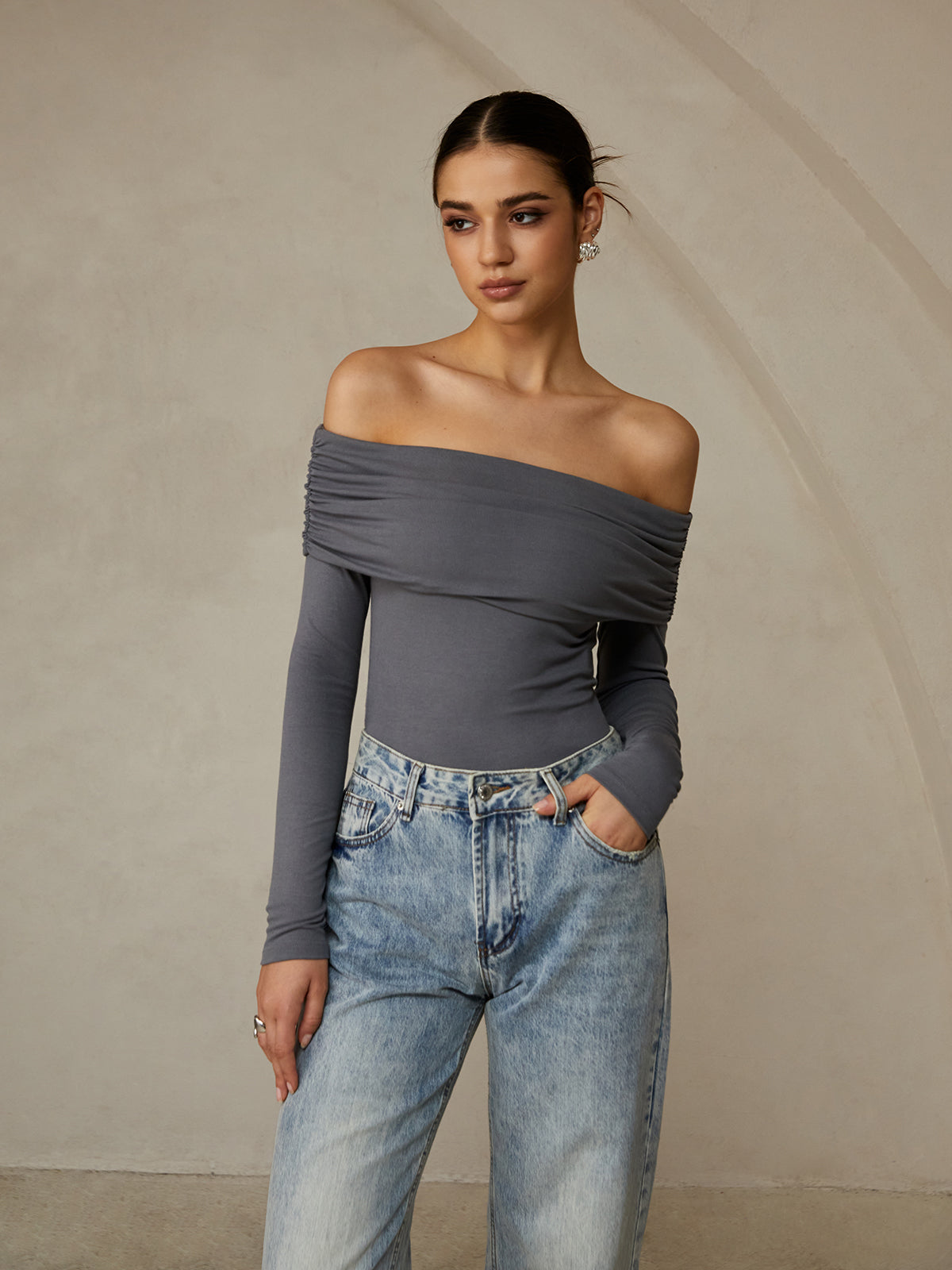 Off-Shoulder Long Sleeve T-Shirt