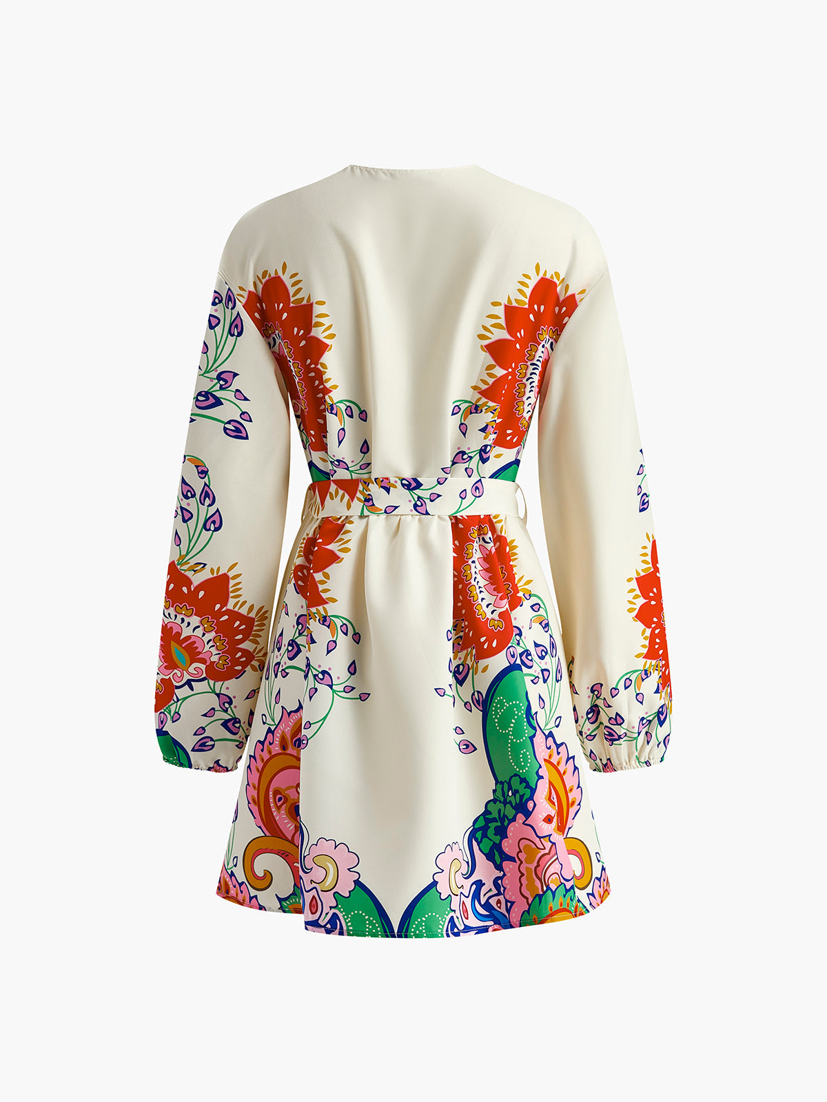 Printed V-Neck Lantern Sleeves Short Dress