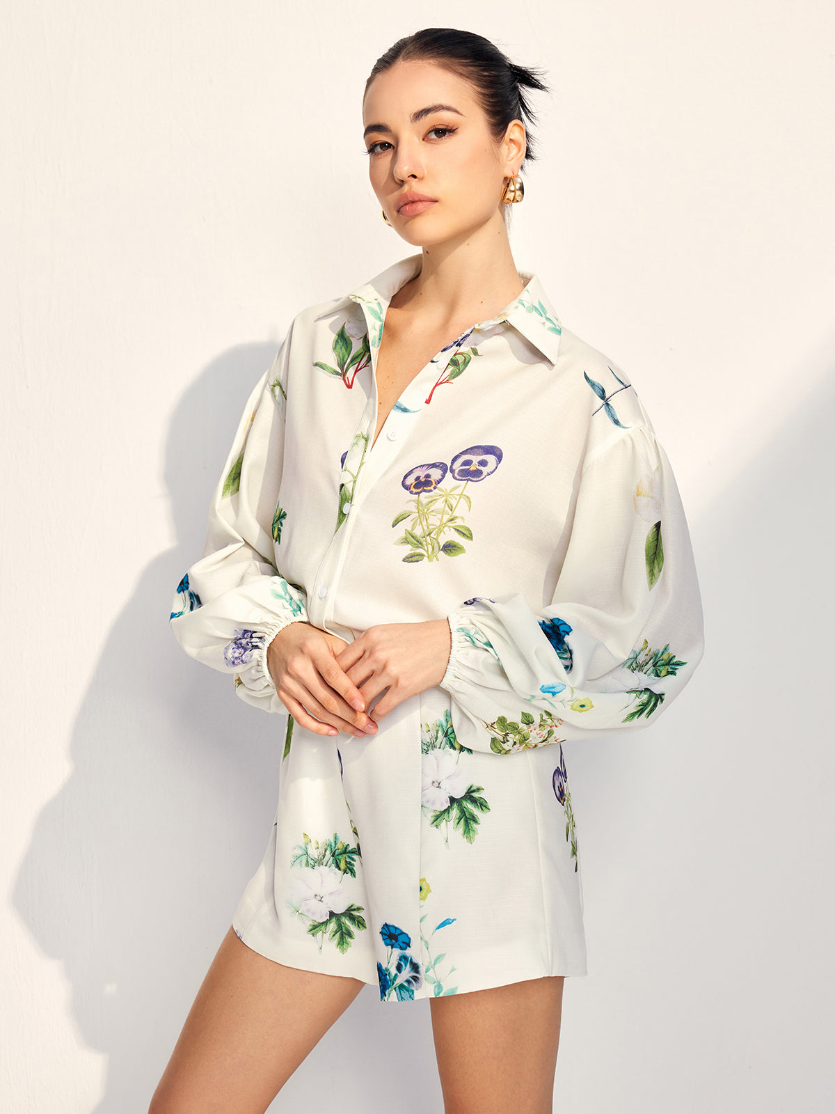 Floral Printed Lapel Long Sleeve Shorts Set