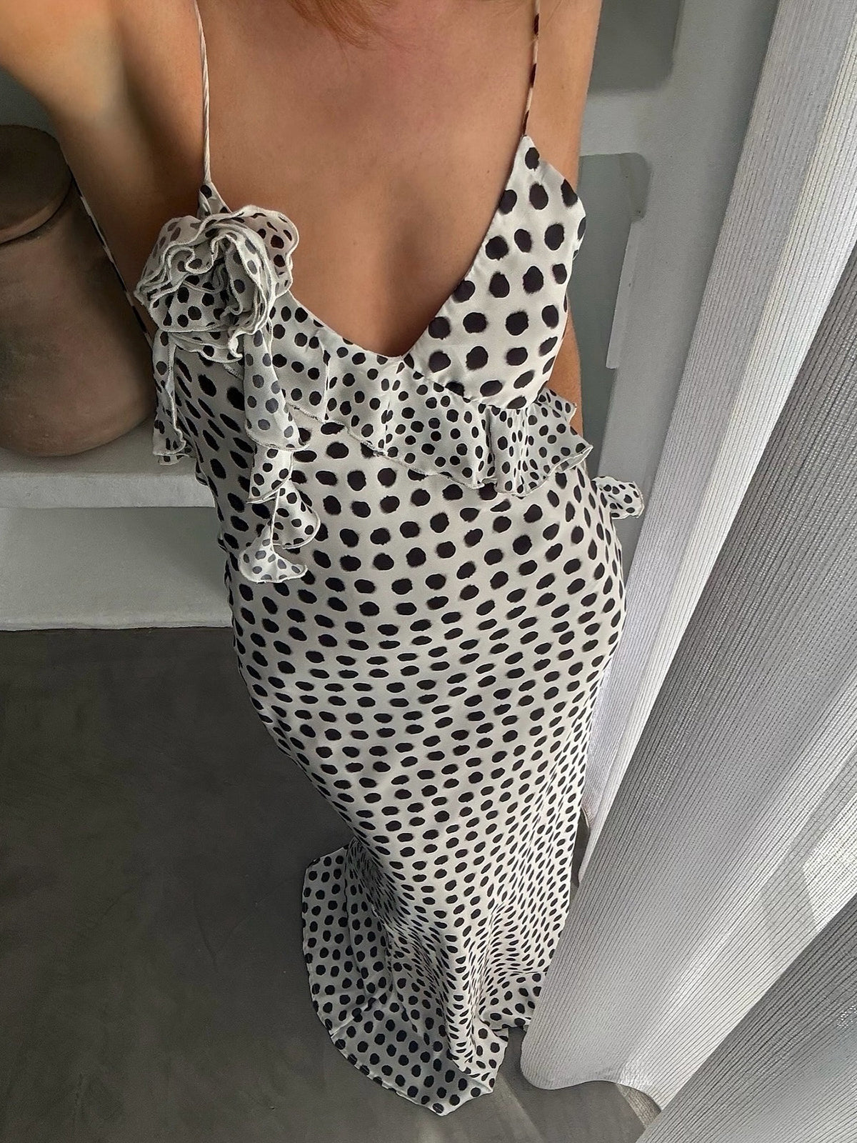 Ruffle Polka Dot Backless Cami Long Dress