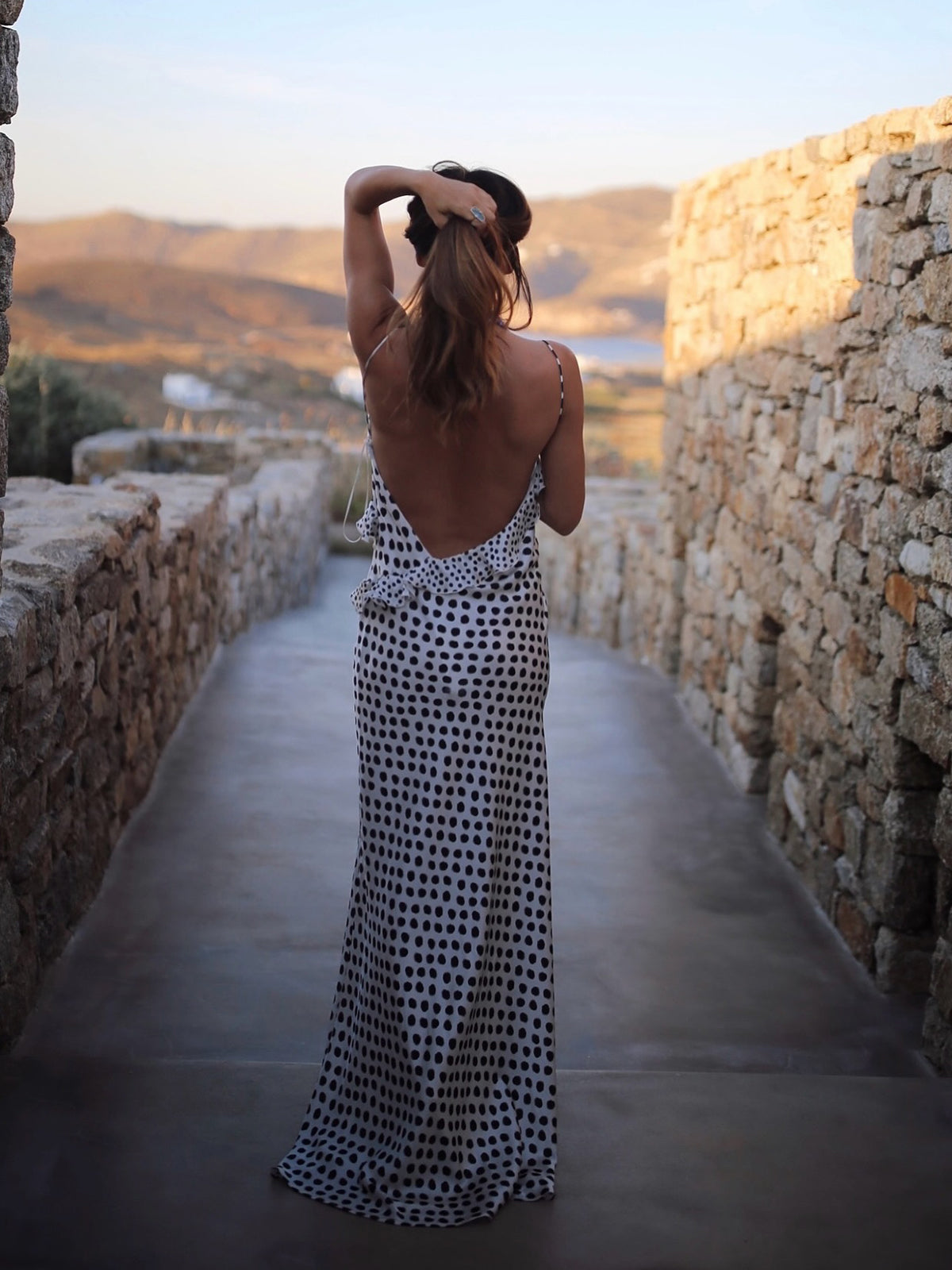 Ruffle Polka Dot Backless Cami Long Dress