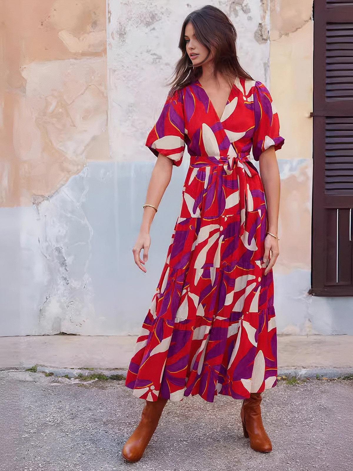 Printed Split V-Neck Midi Dress