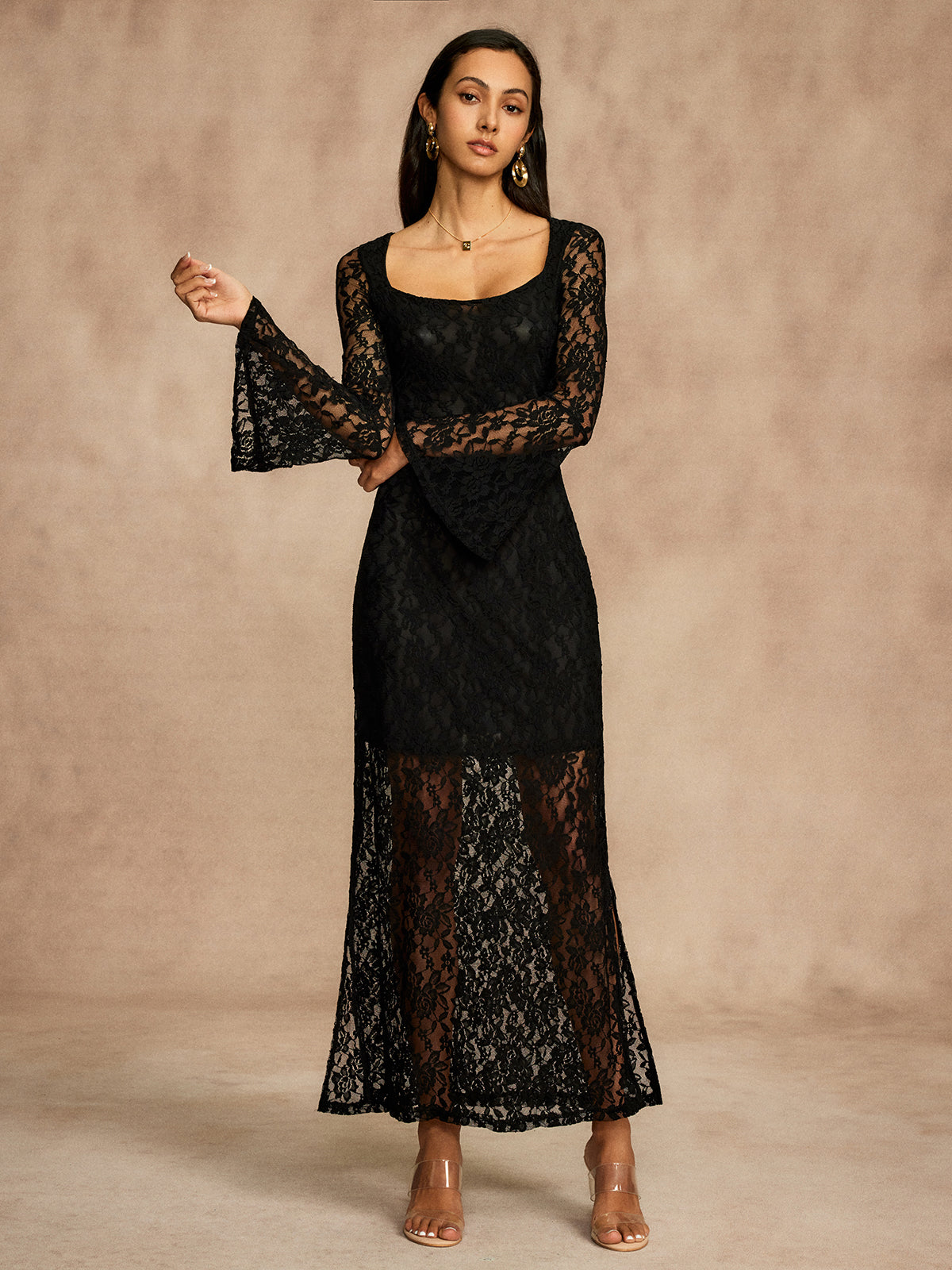 Lace Bell Sleeve Lined Dress