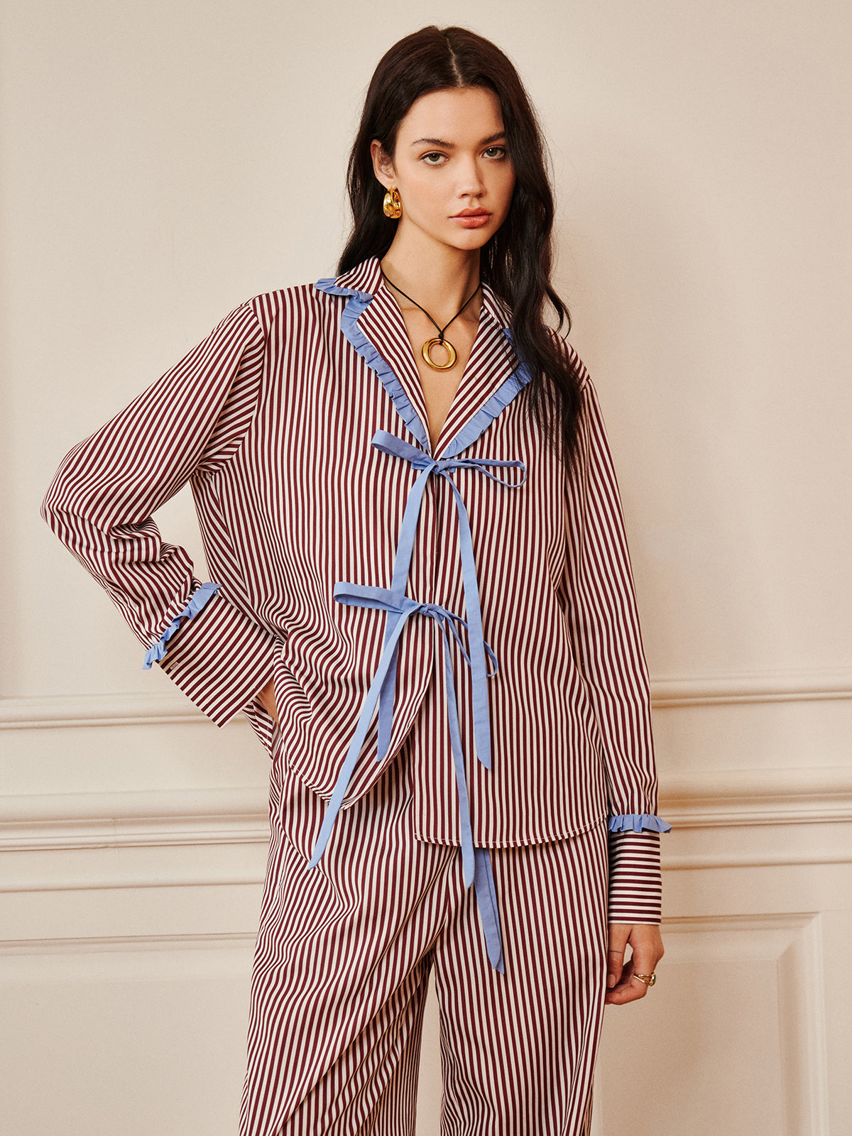 Pinstripe Ruffle Tie Front Shirt