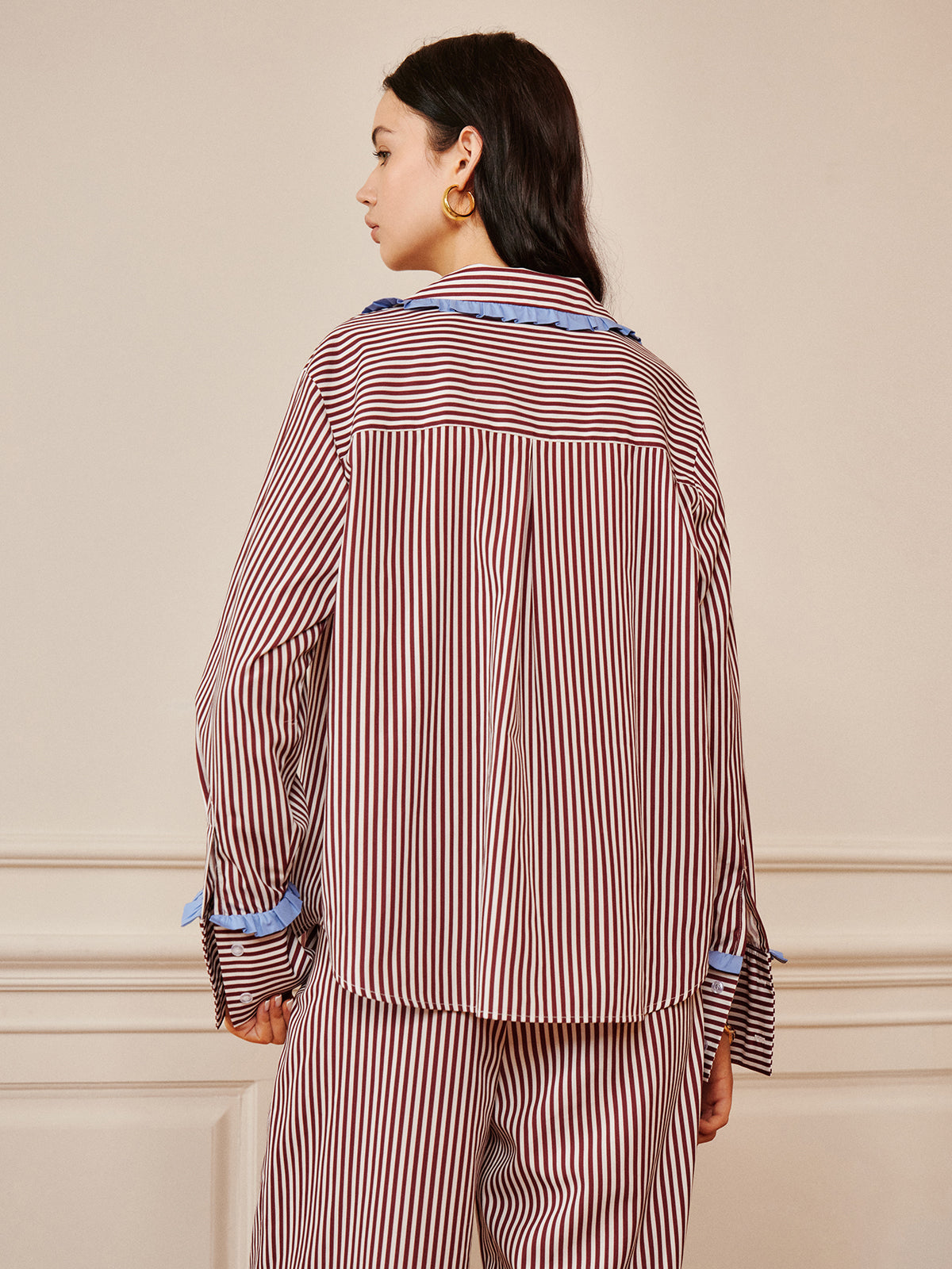 Pinstripe Ruffle Tie Front Shirt