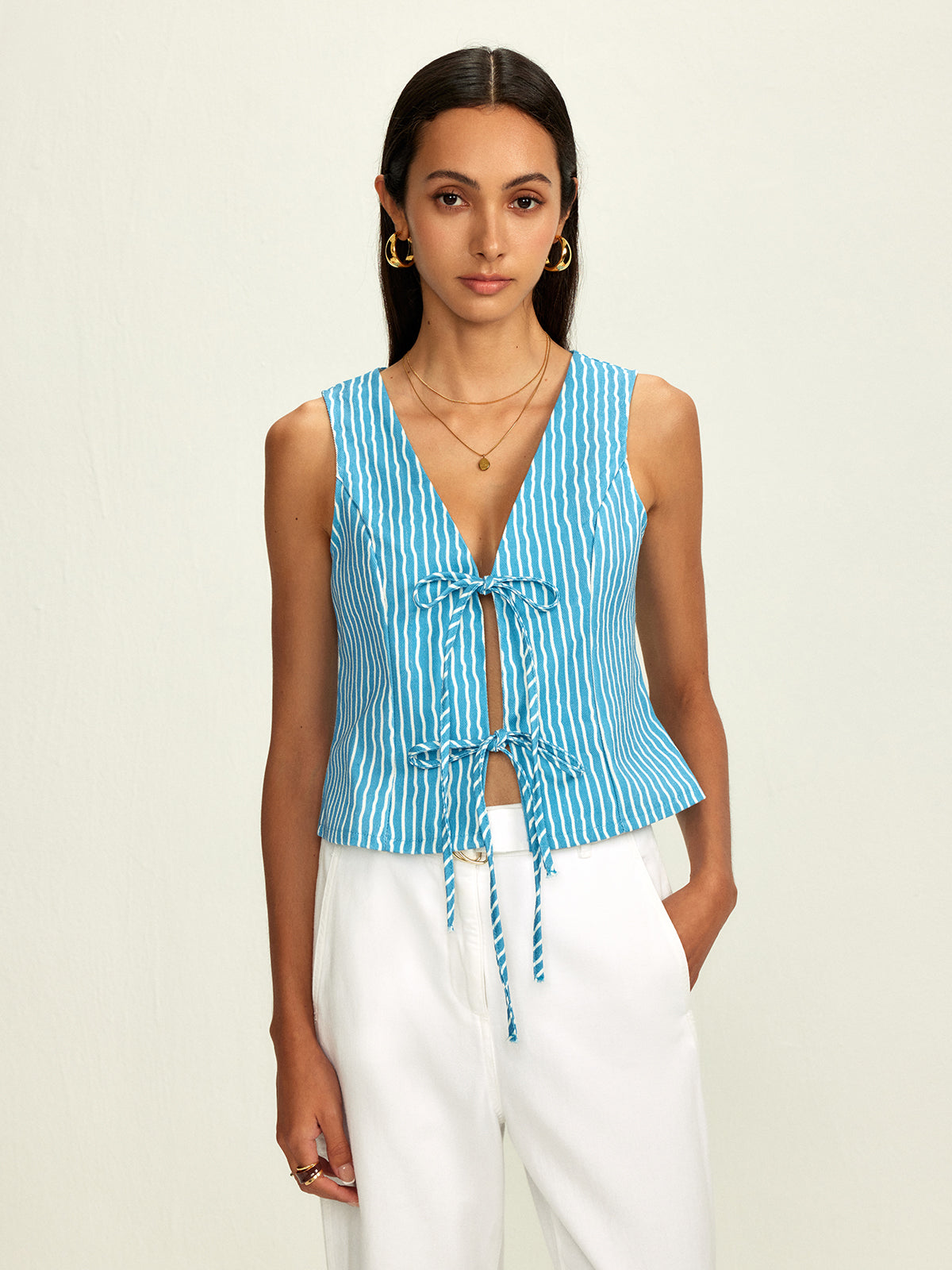 Pinstripe Tie Front Piping Blouse