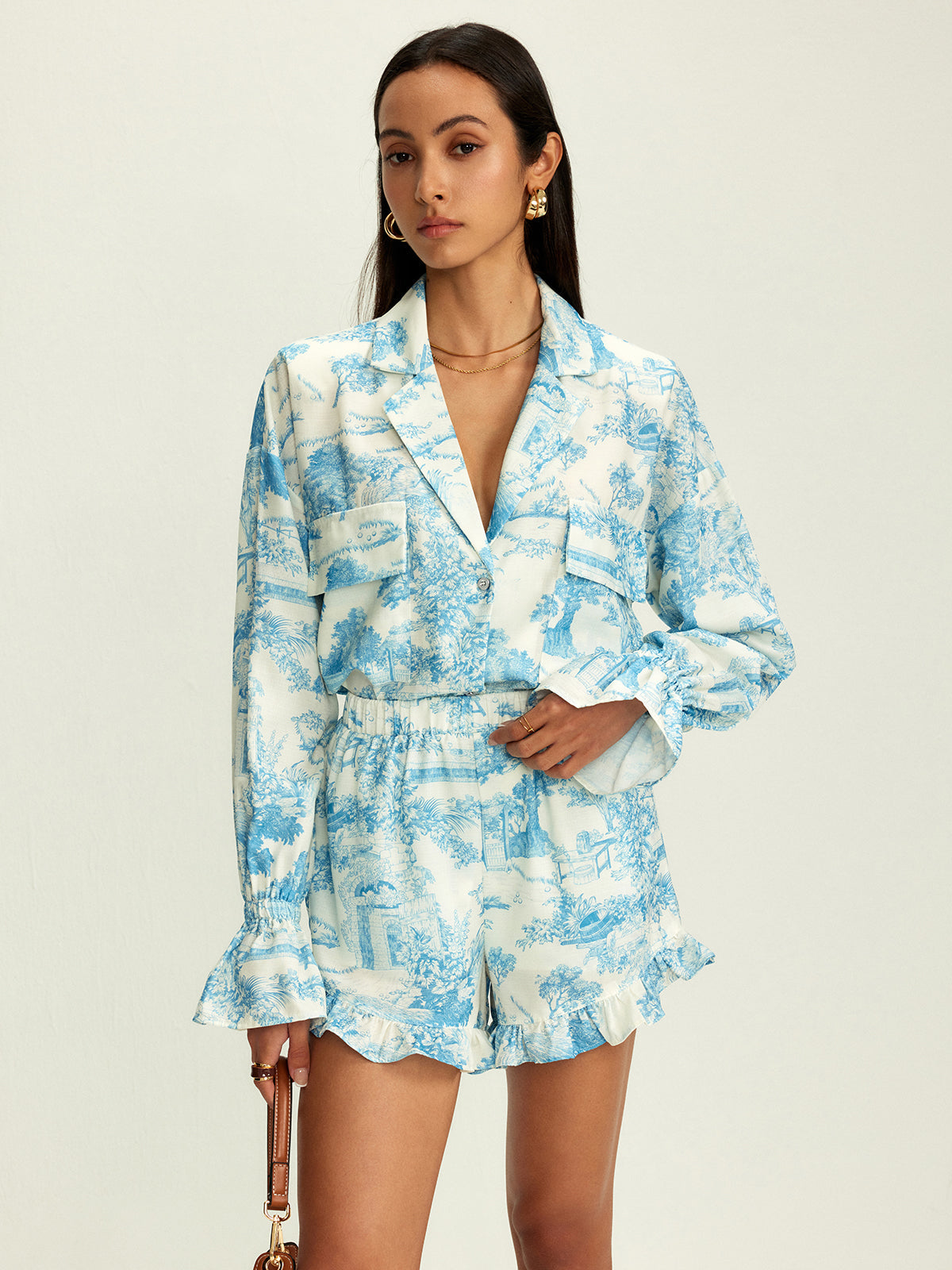 Lapel Ruffle Printed Shorts Set