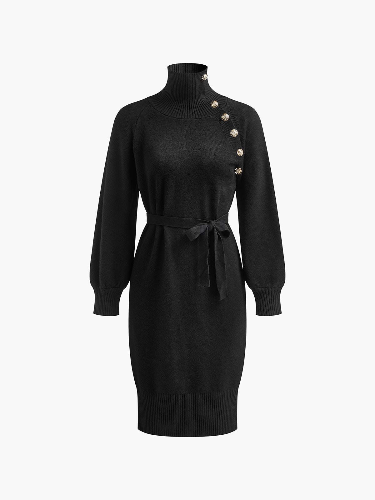 Turtleneck Button Belted Sweater Dress