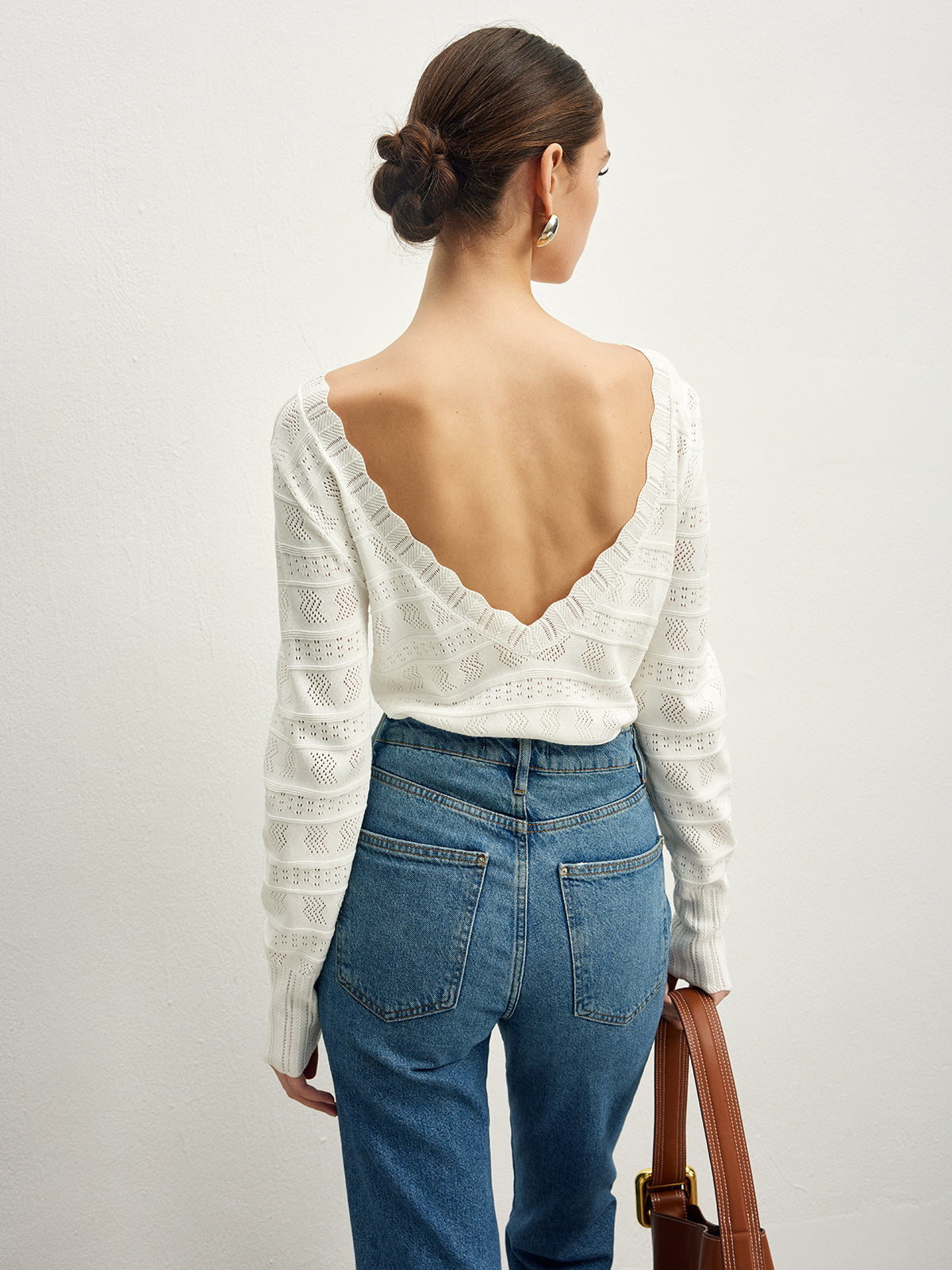 Lettuce Trim Backless Pointelle Knit Top