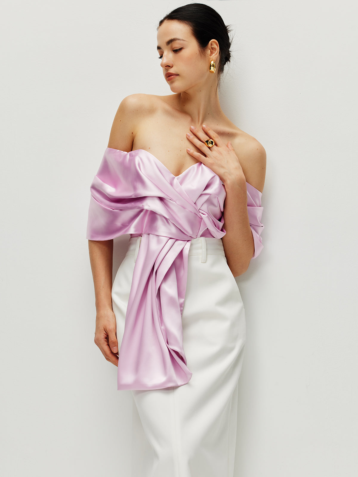 Satin Pleated Off Shoulder Top