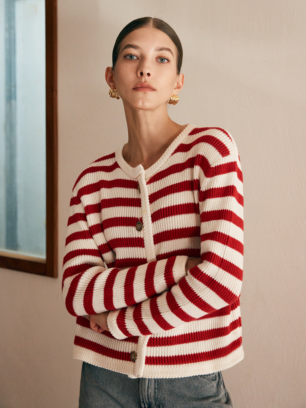 Crew Neck Striped Jersey Cardigan