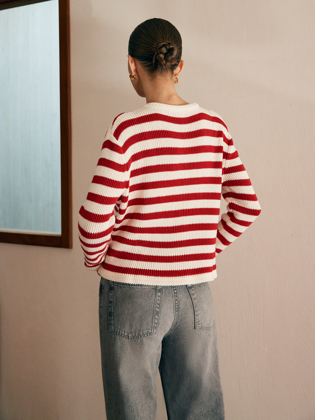 Crew Neck Striped Jersey Cardigan