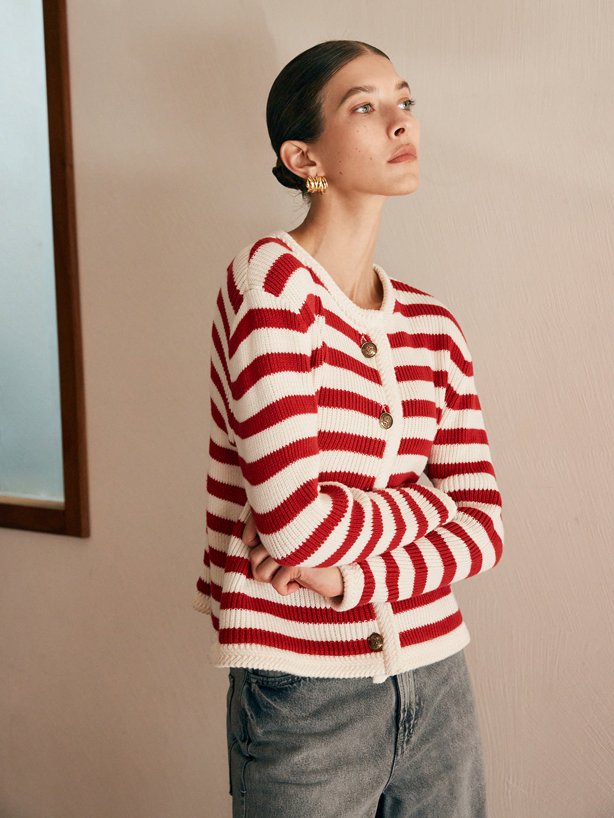 Crew Neck Striped Jersey Cardigan