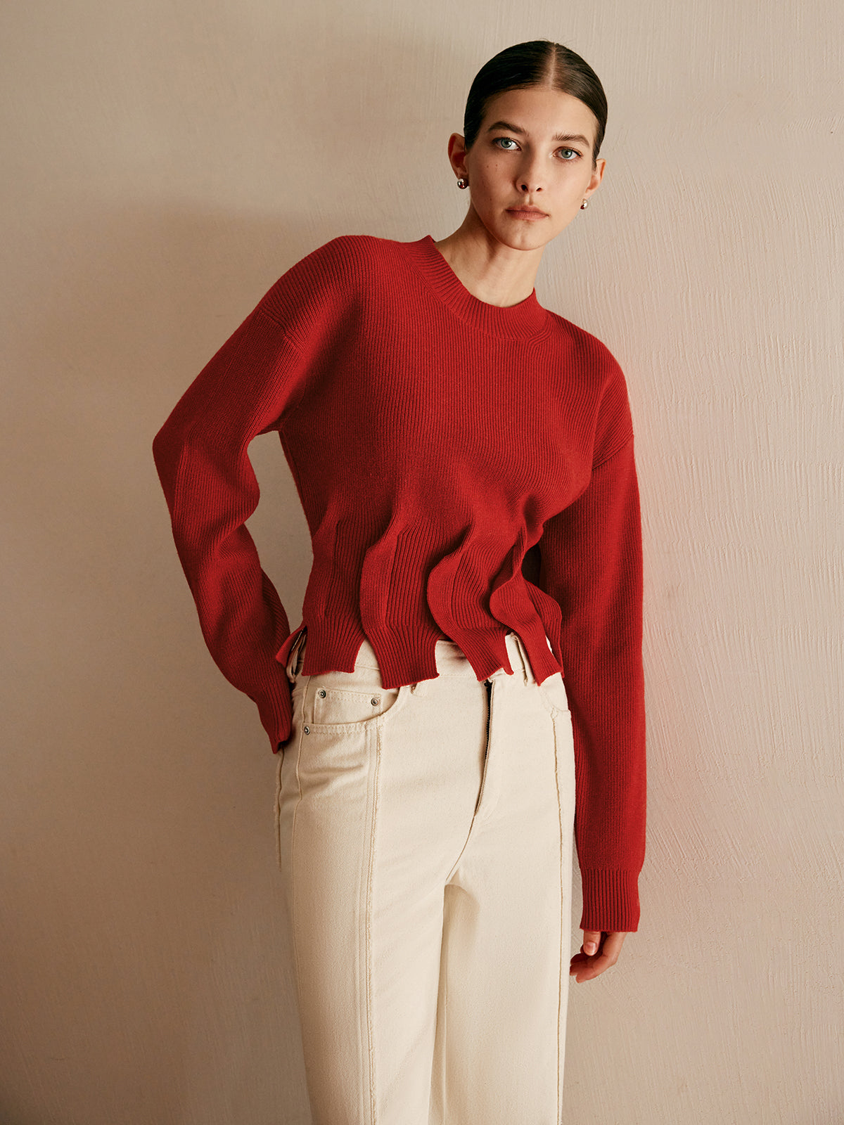 Wool-Blend Pleated Design Sweater