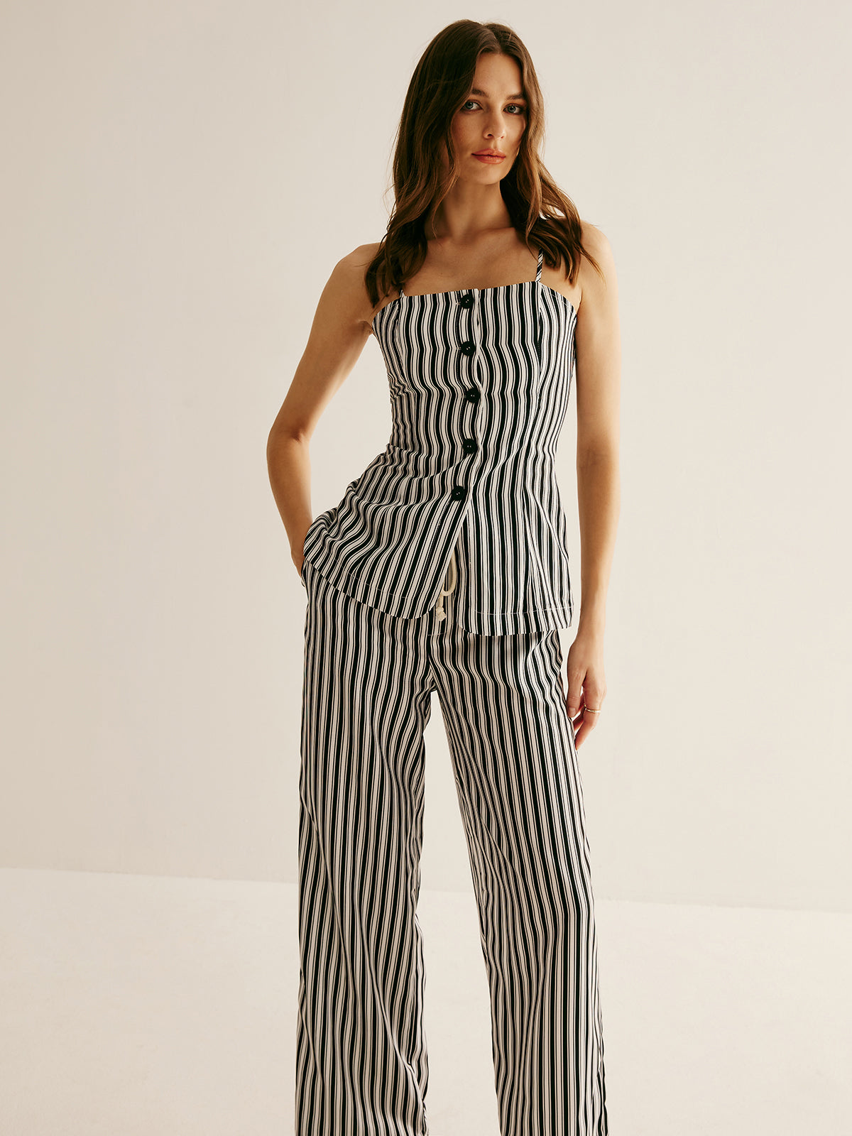 Pinstripe Button Strapless Pants Set