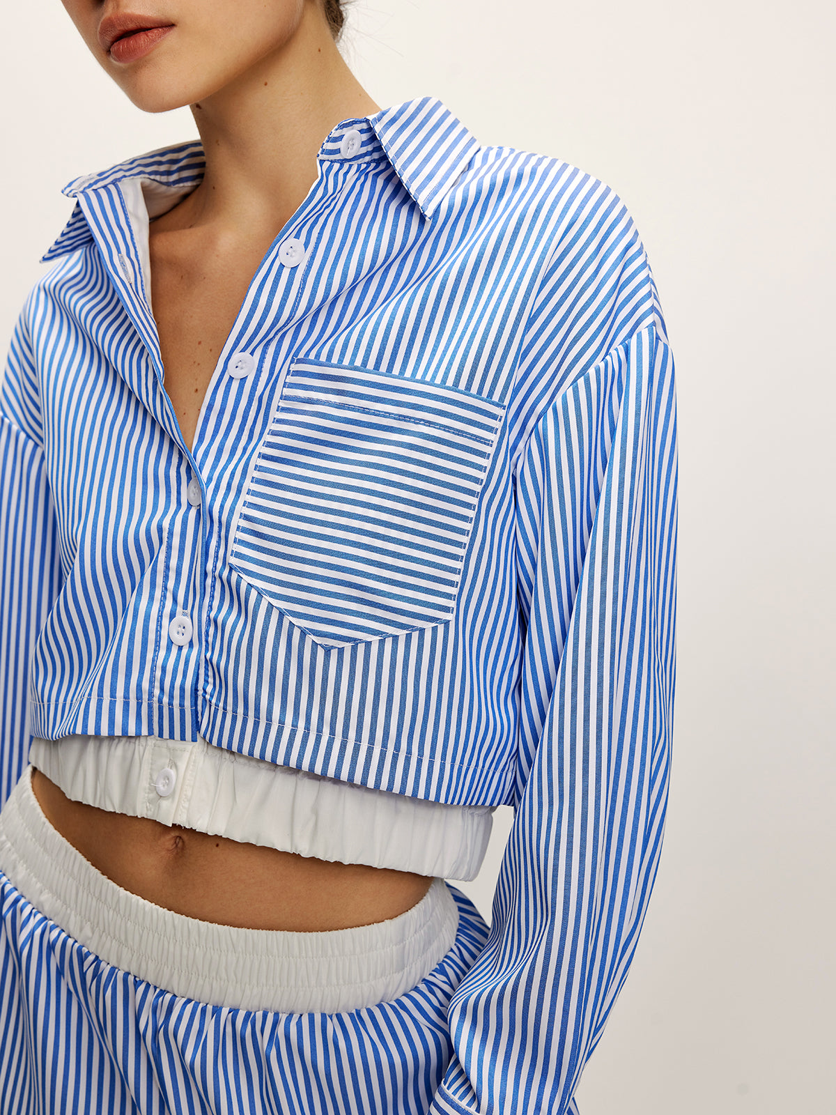 Patchwork Pinstripe Lapel Crop Shorts Set