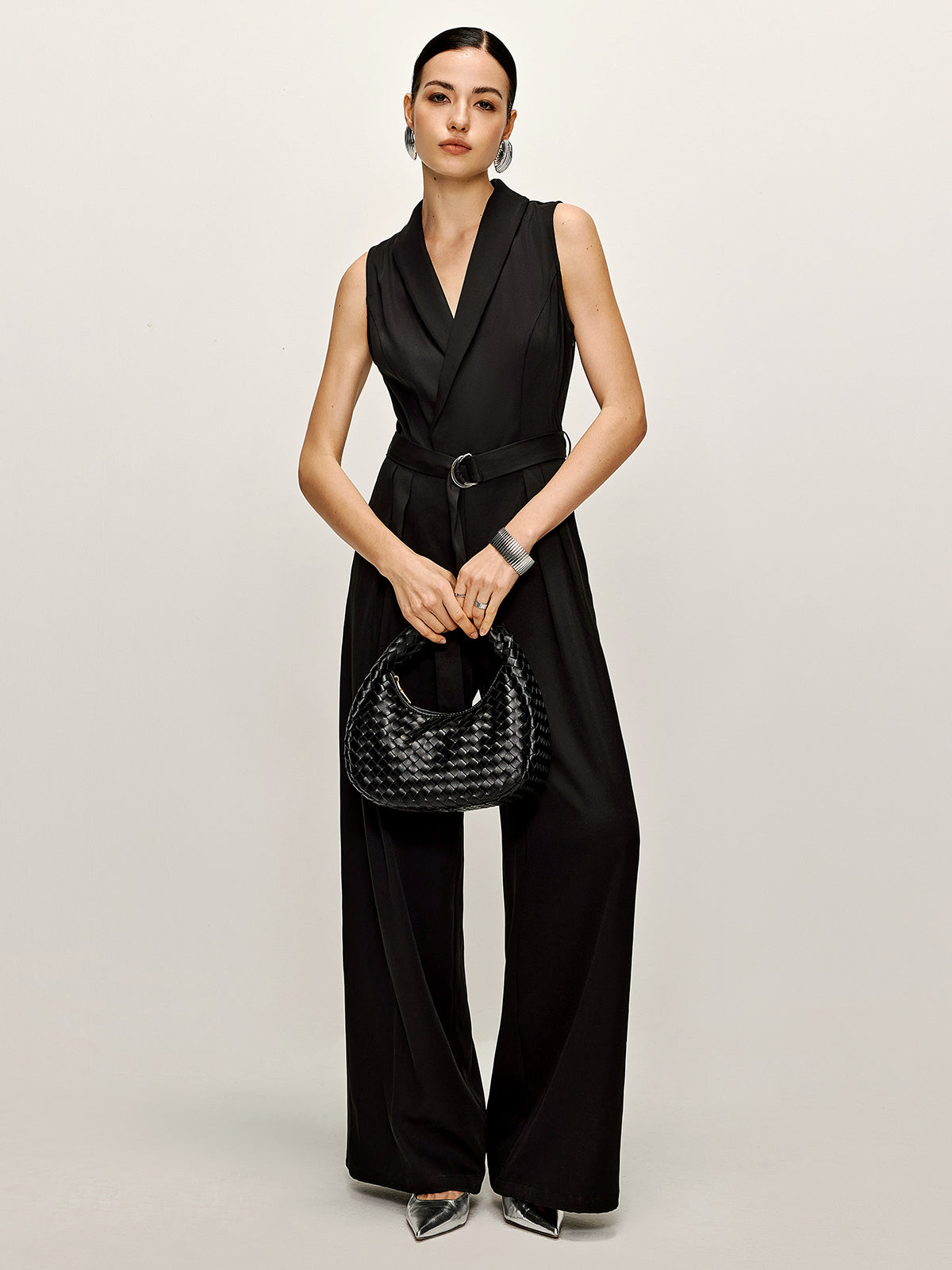 Plain Panel Sleeveless Belted Jumpsuit