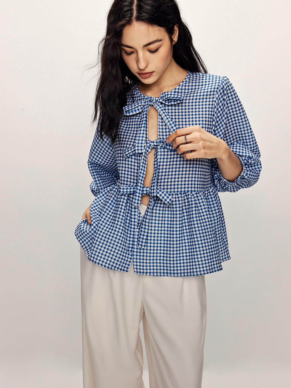 Plaid Tie Front Half Sleeve Blouse