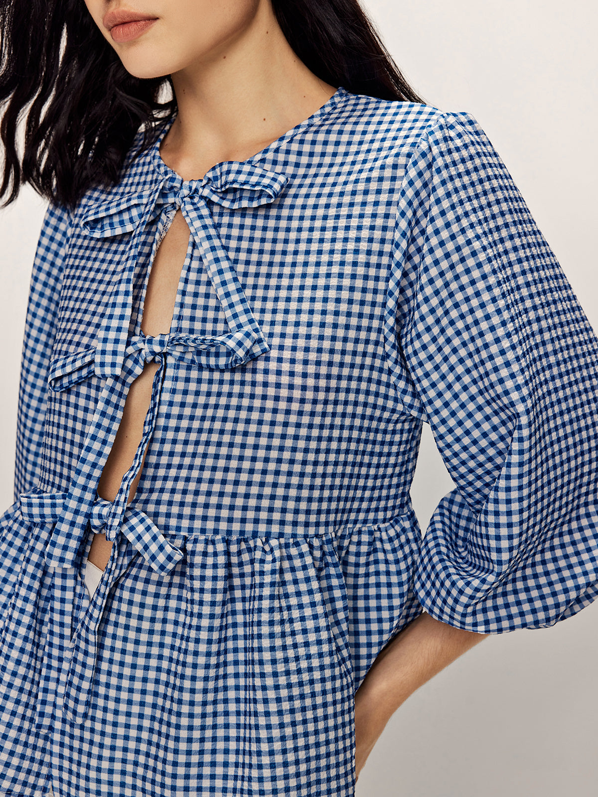 Plaid Tie Front Half Sleeve Blouse