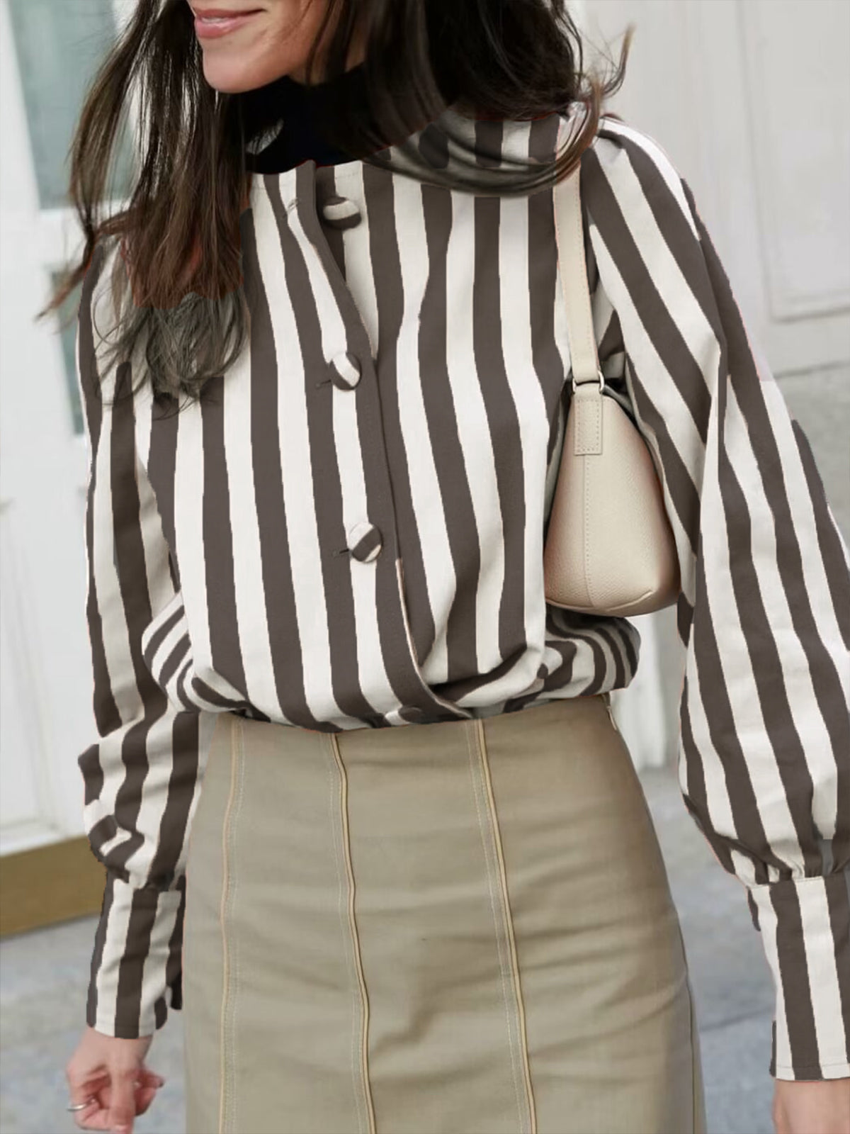 Pinstripe Button Long Sleeve Blouse