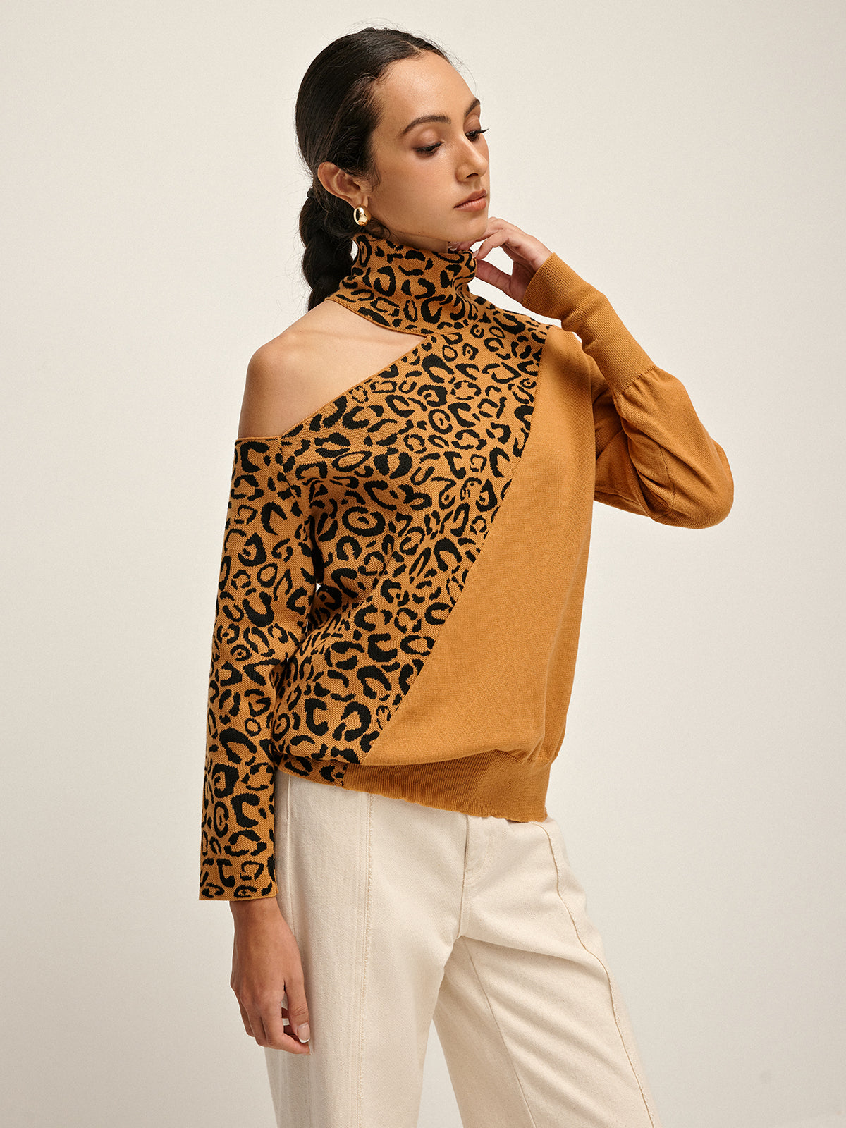 Turtleneck Cutout Leopard Patchwork Knit Top