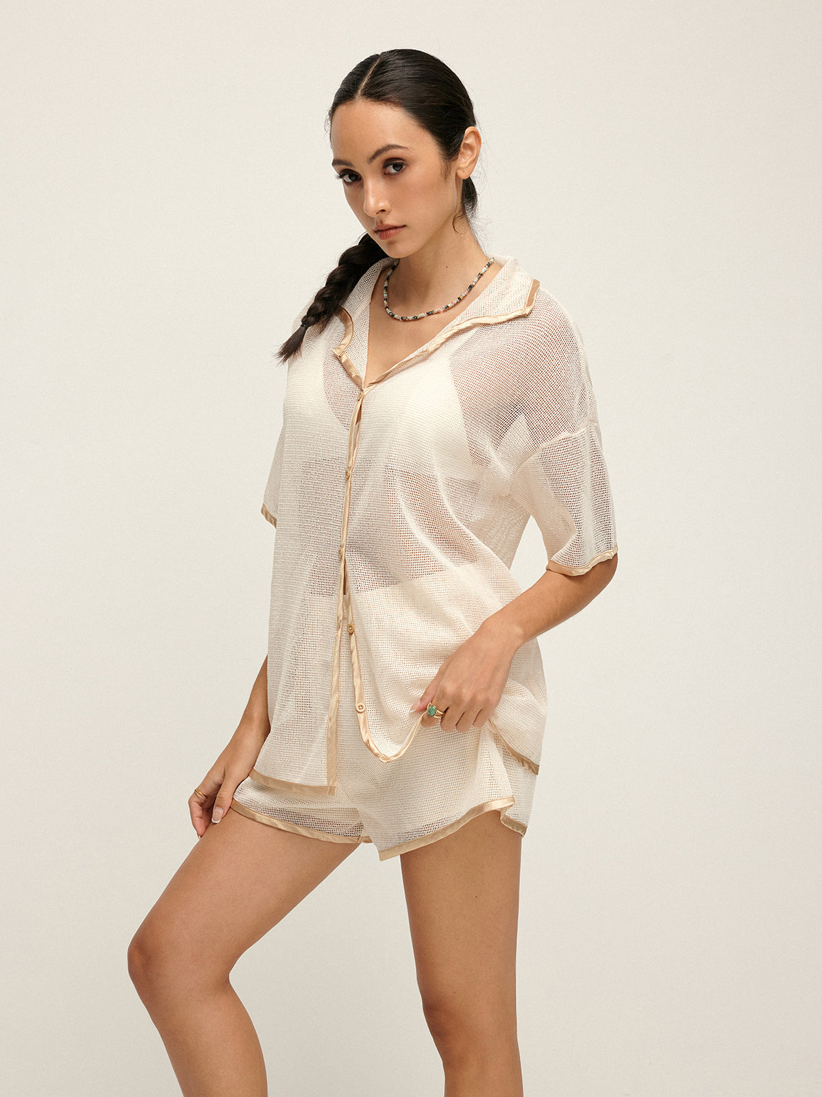 Contrast Trim Lapel Sheer Shorts Set