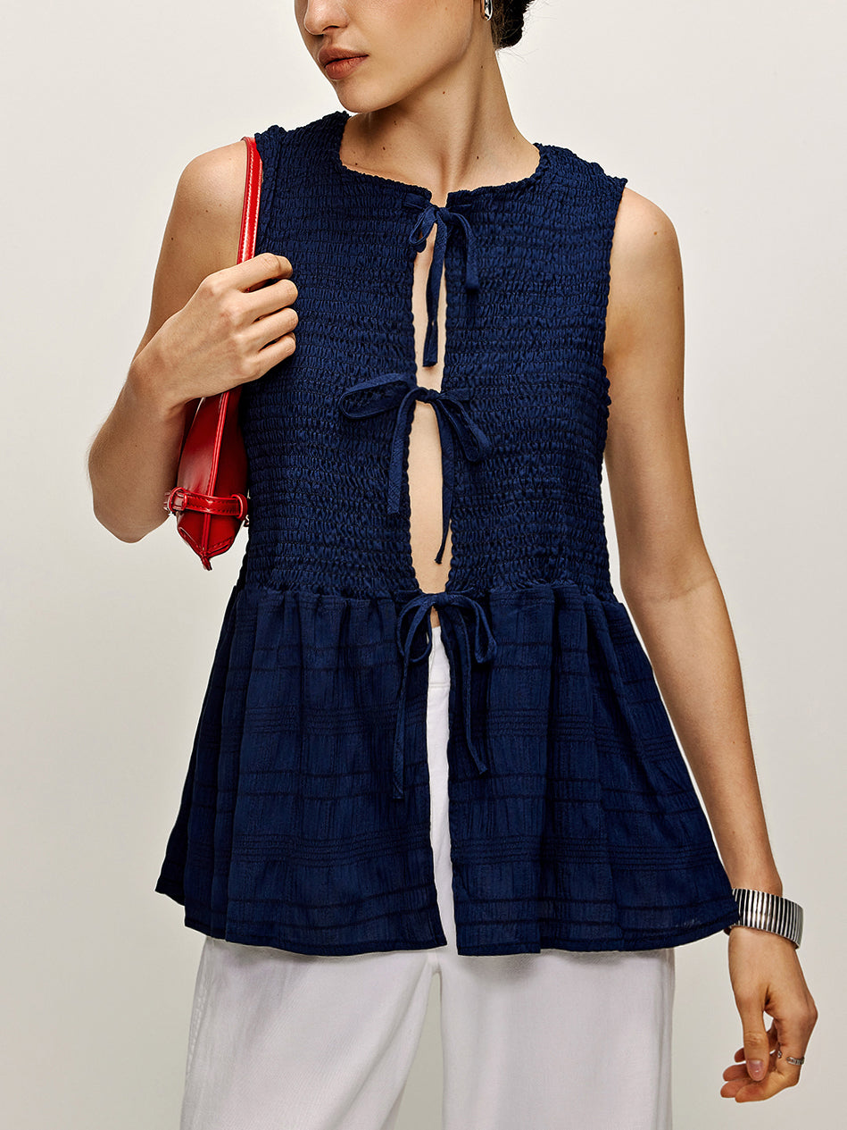 Shirred Lace Up Ruffle Tank Blouse