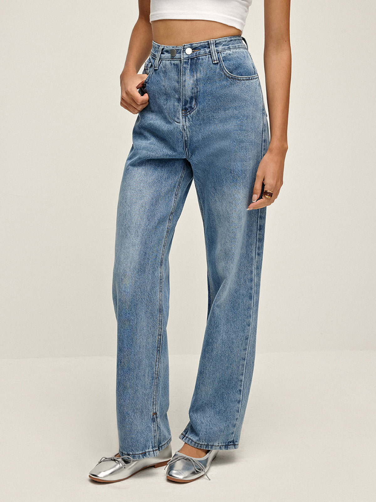 High-Waist Denim Long Jeans