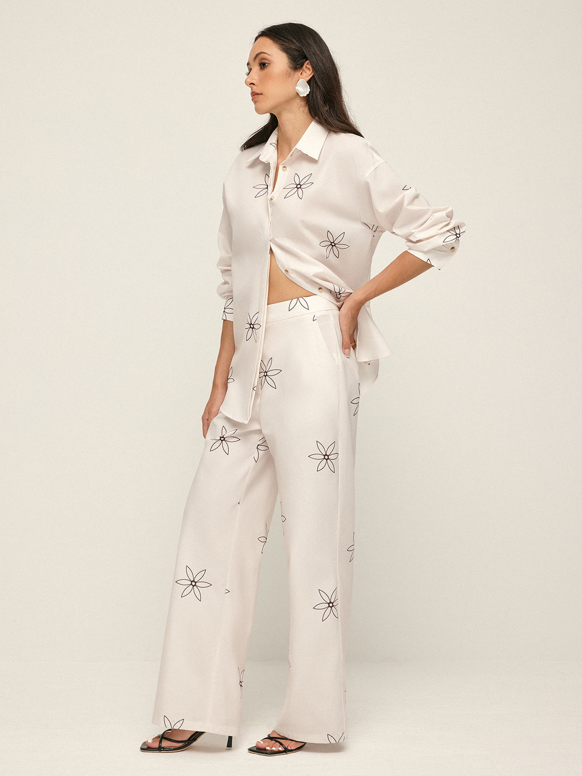 Printed Lapel Button Pants Set