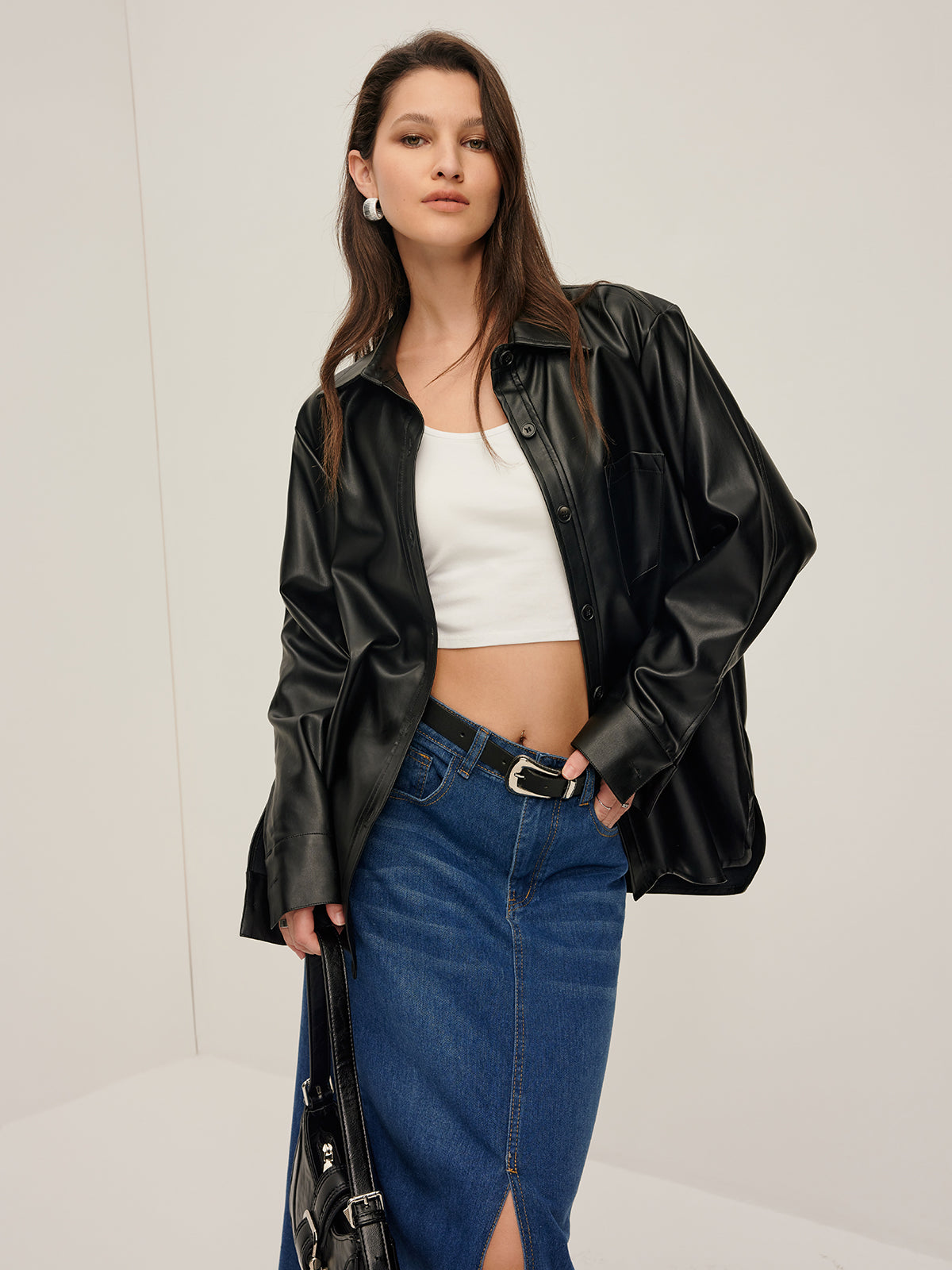 Plain Faux Leather Lapel Shirt