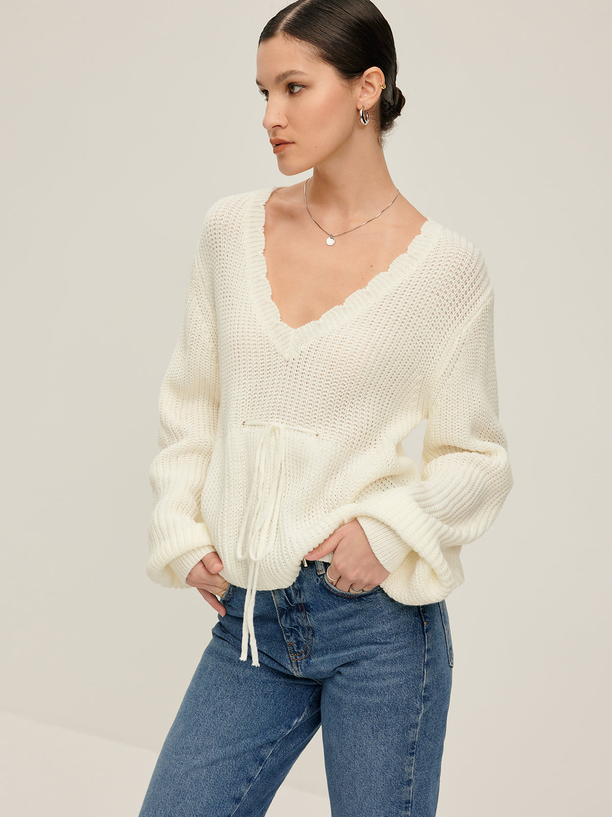 V-Neck Lettuce Trim Lace Up Sweater