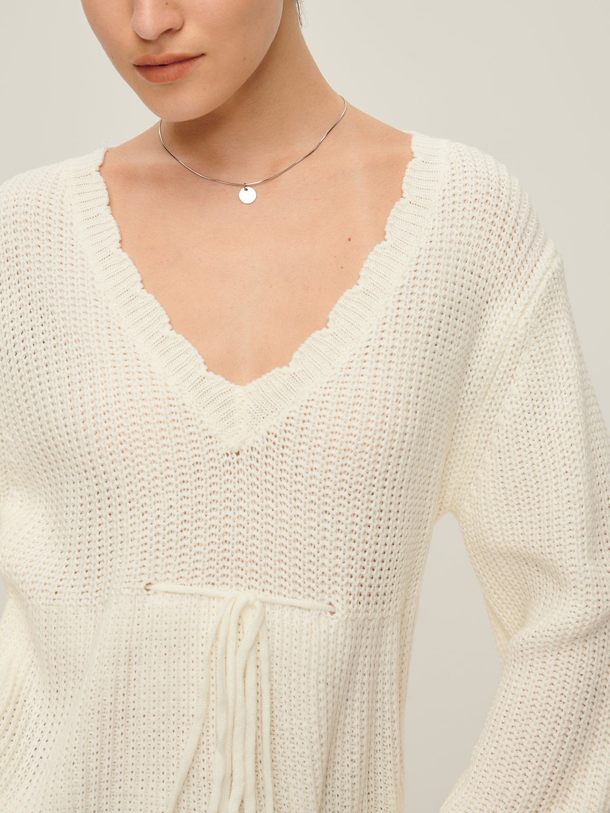 V-Neck Lettuce Trim Lace Up Sweater