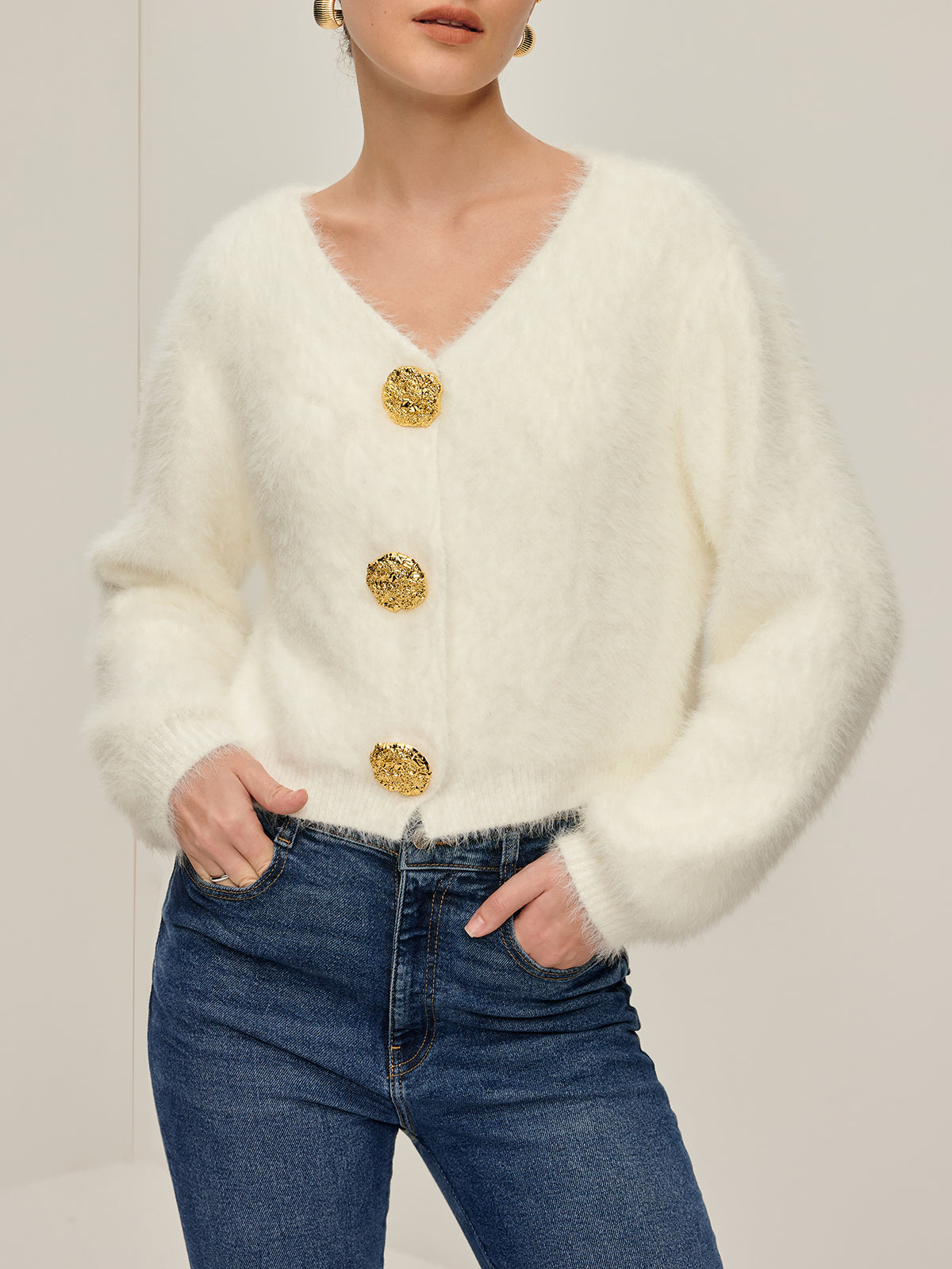 Fuzzy Golden Button Cardigan