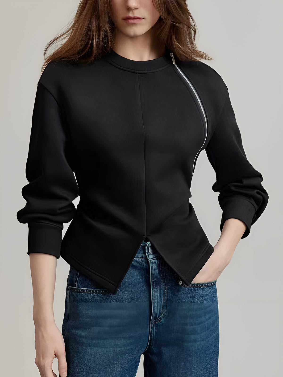 Plain Zipper Split Blouse