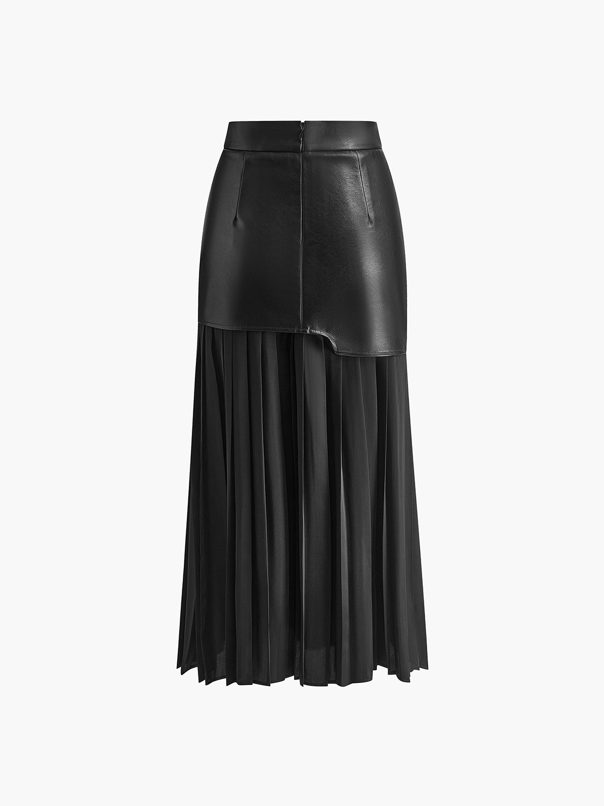 Asymmetric Patchwork Faux Leather Chiffon Pleated Midi Skirt