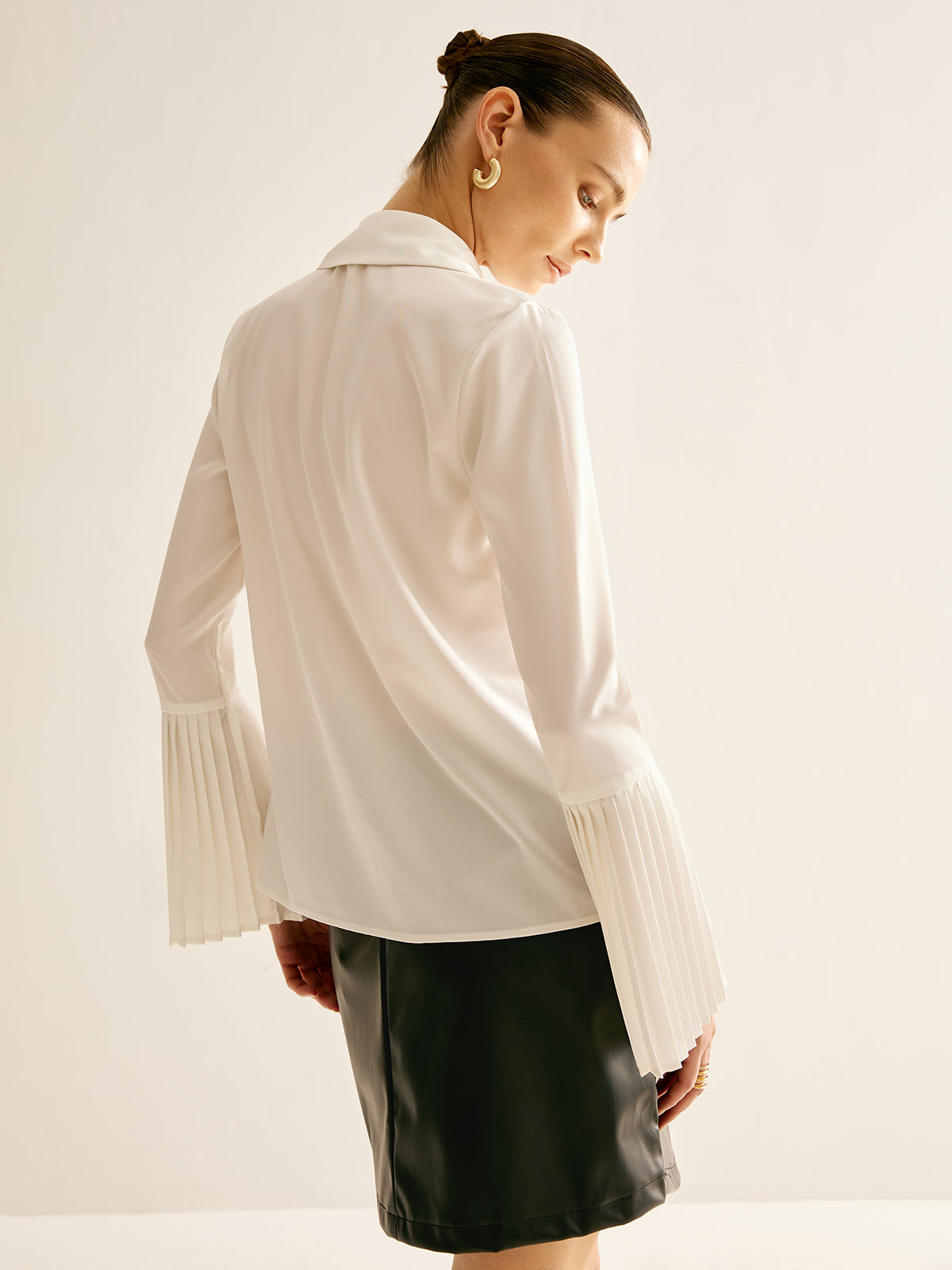 Cutout Plain Button Pleated Cuff Shirt