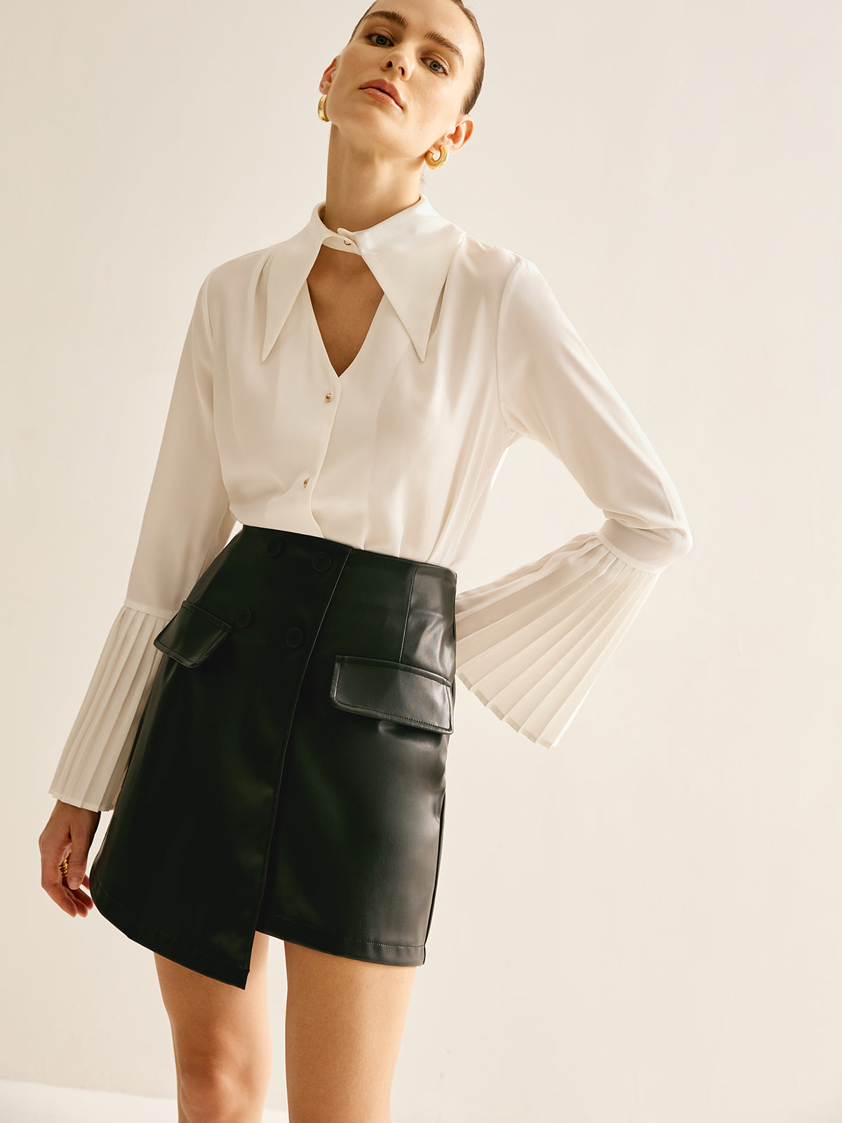 Cutout Plain Button Pleated Cuff Shirt