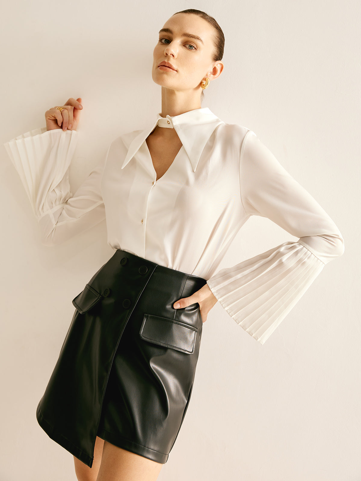 Cutout Plain Button Pleated Cuff Shirt