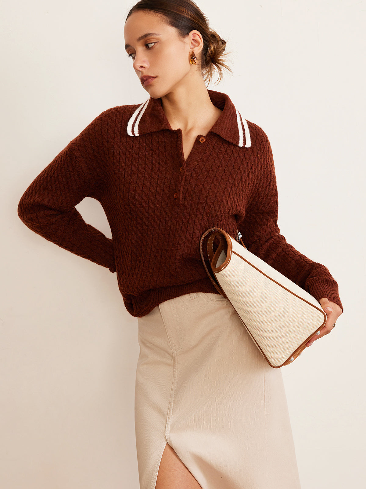 Cable Knit Button Polo Sweater