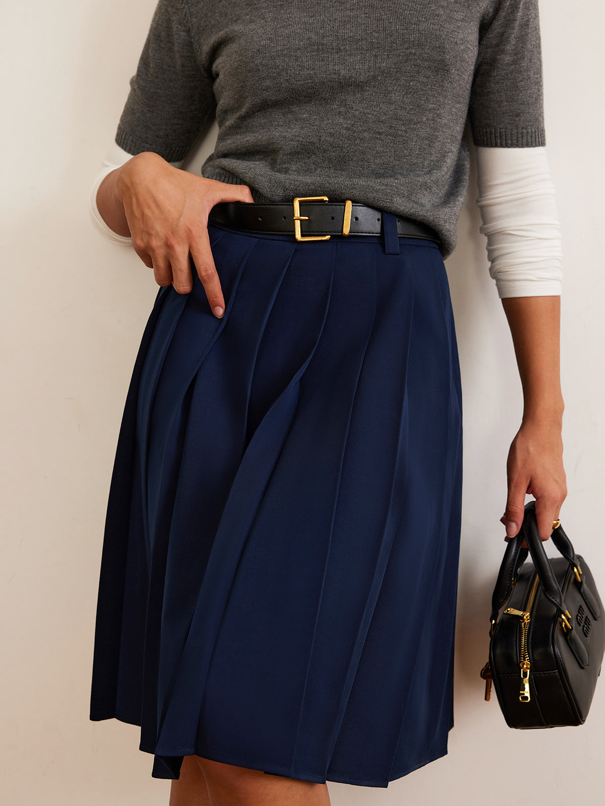 Pleated Midi Skirt With Belt