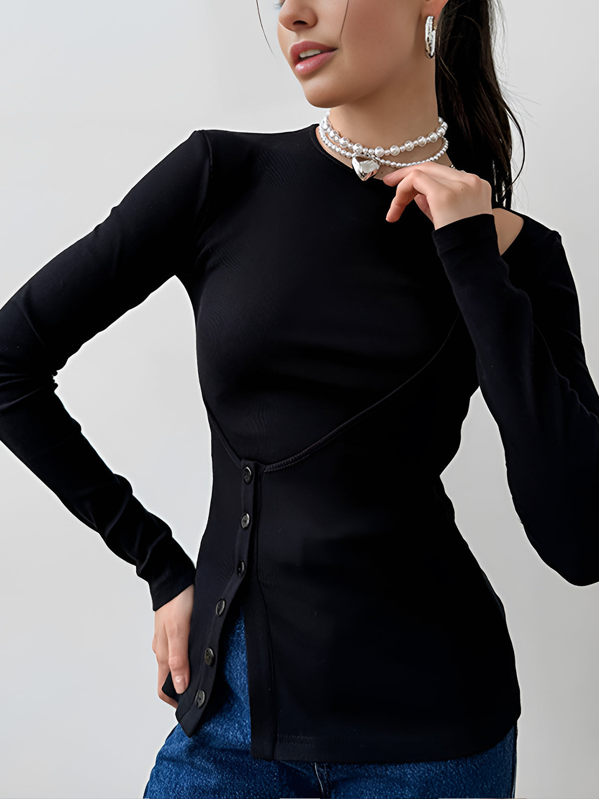 Cutout Panel Button Blouse