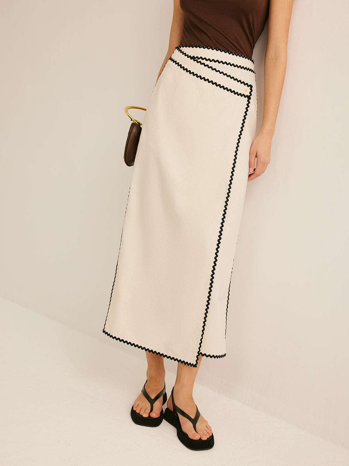 Cotton & Linen Wave Trim Midi Skirt