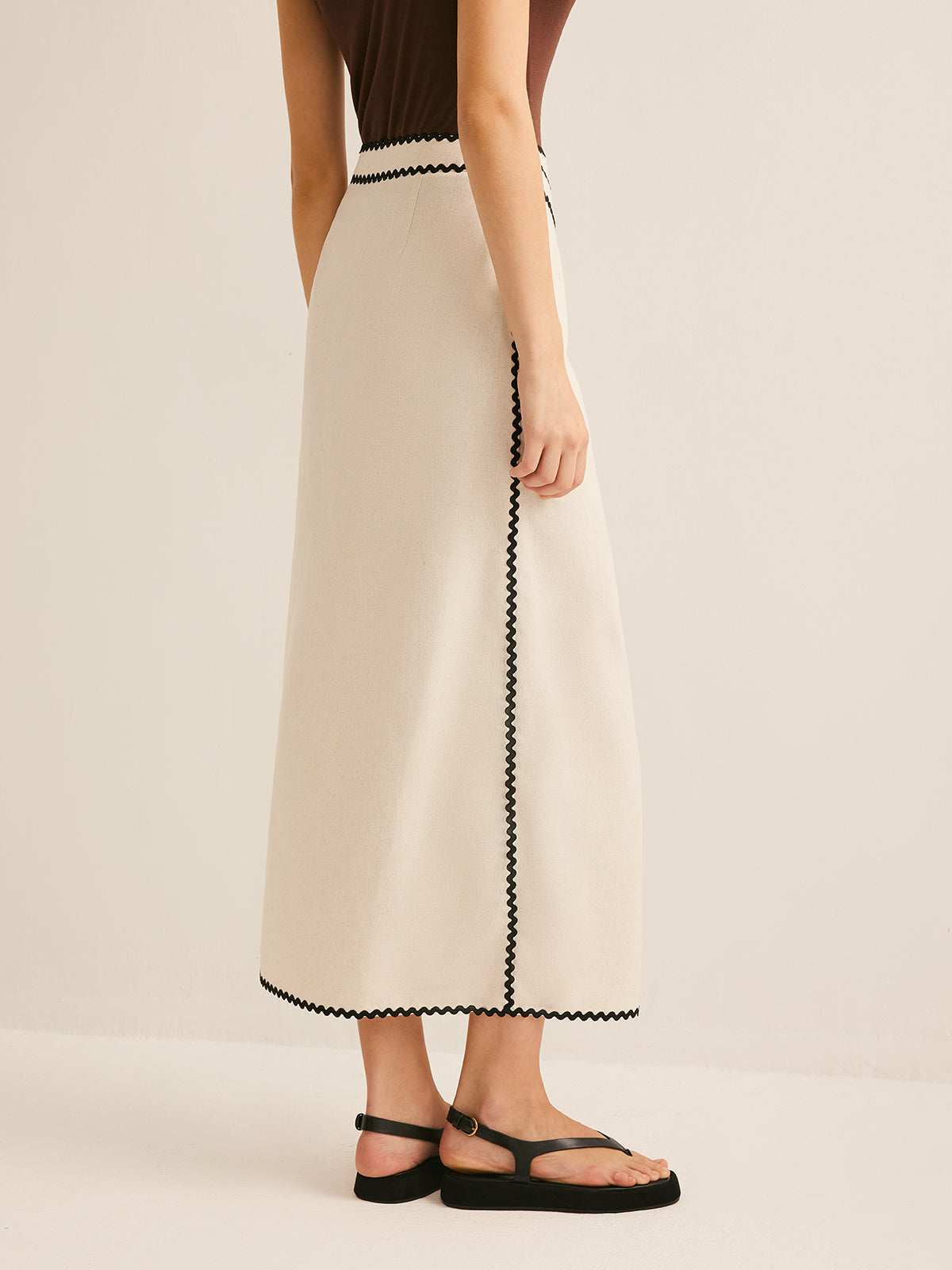 Cotton & Linen Wave Trim Midi Skirt