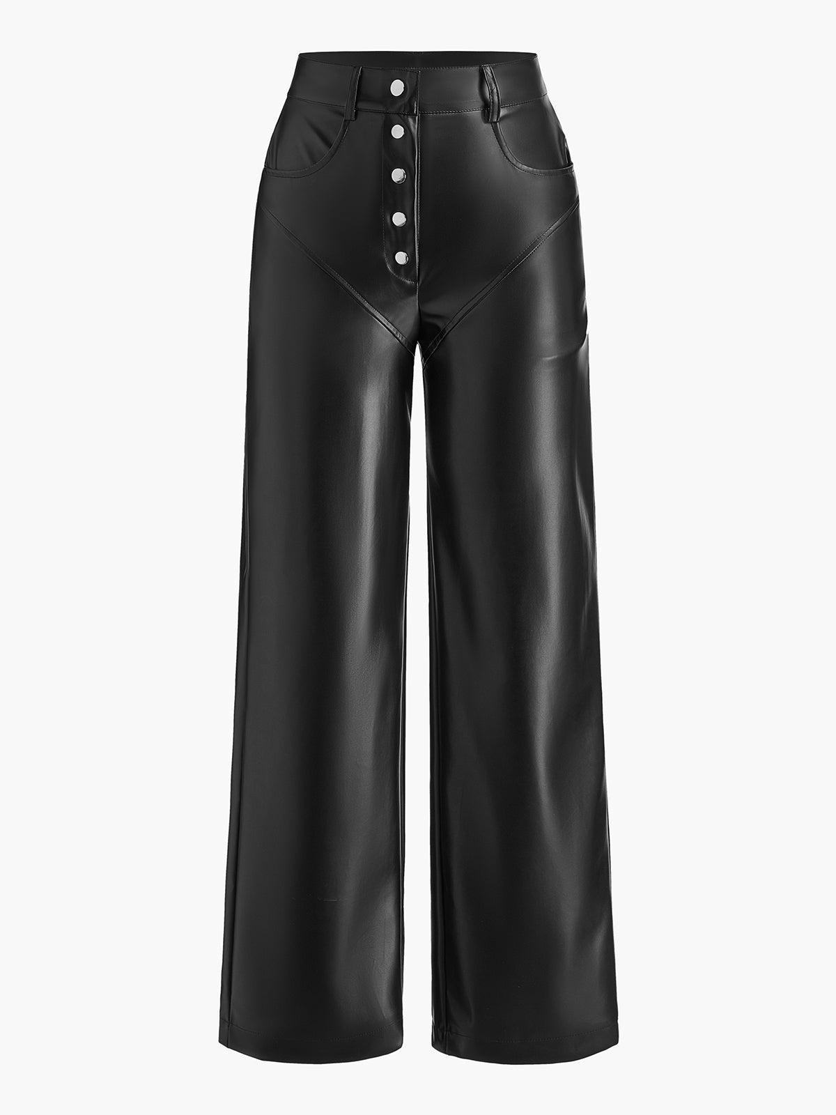 Mid-Waist Button PU Leather Pants