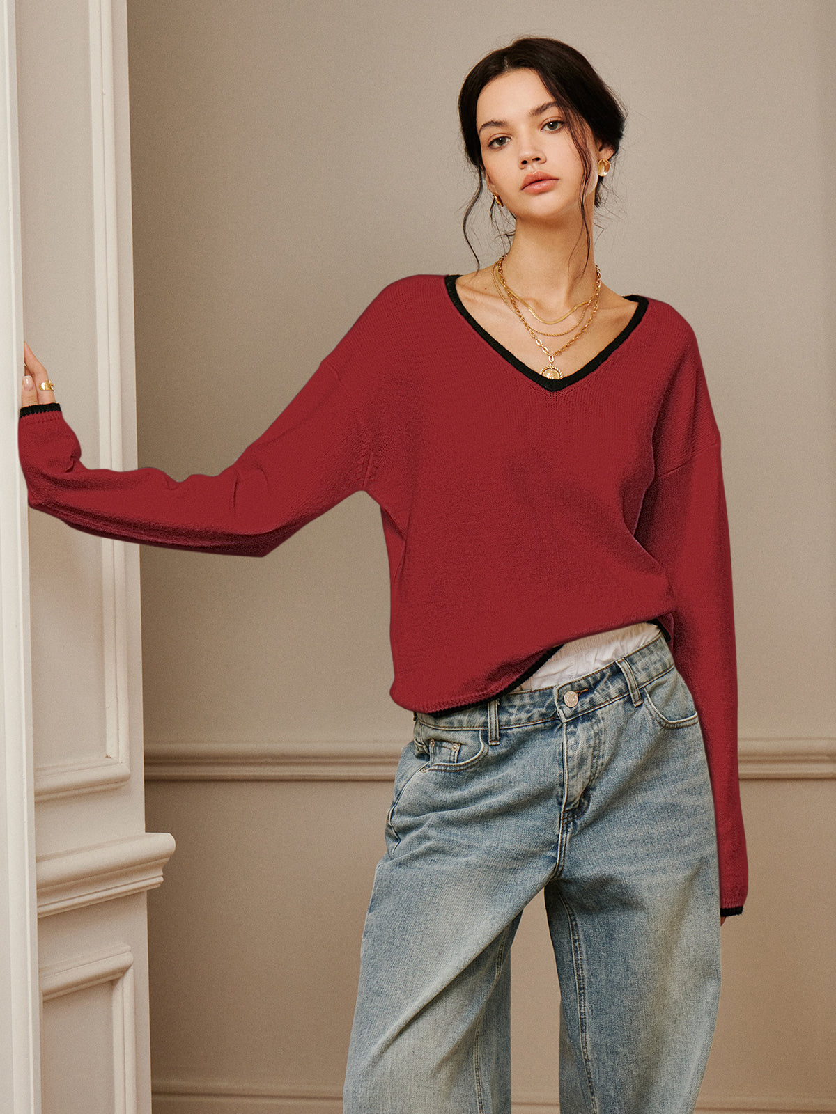 Embroidered Trim Draped Shoulder Knit Top