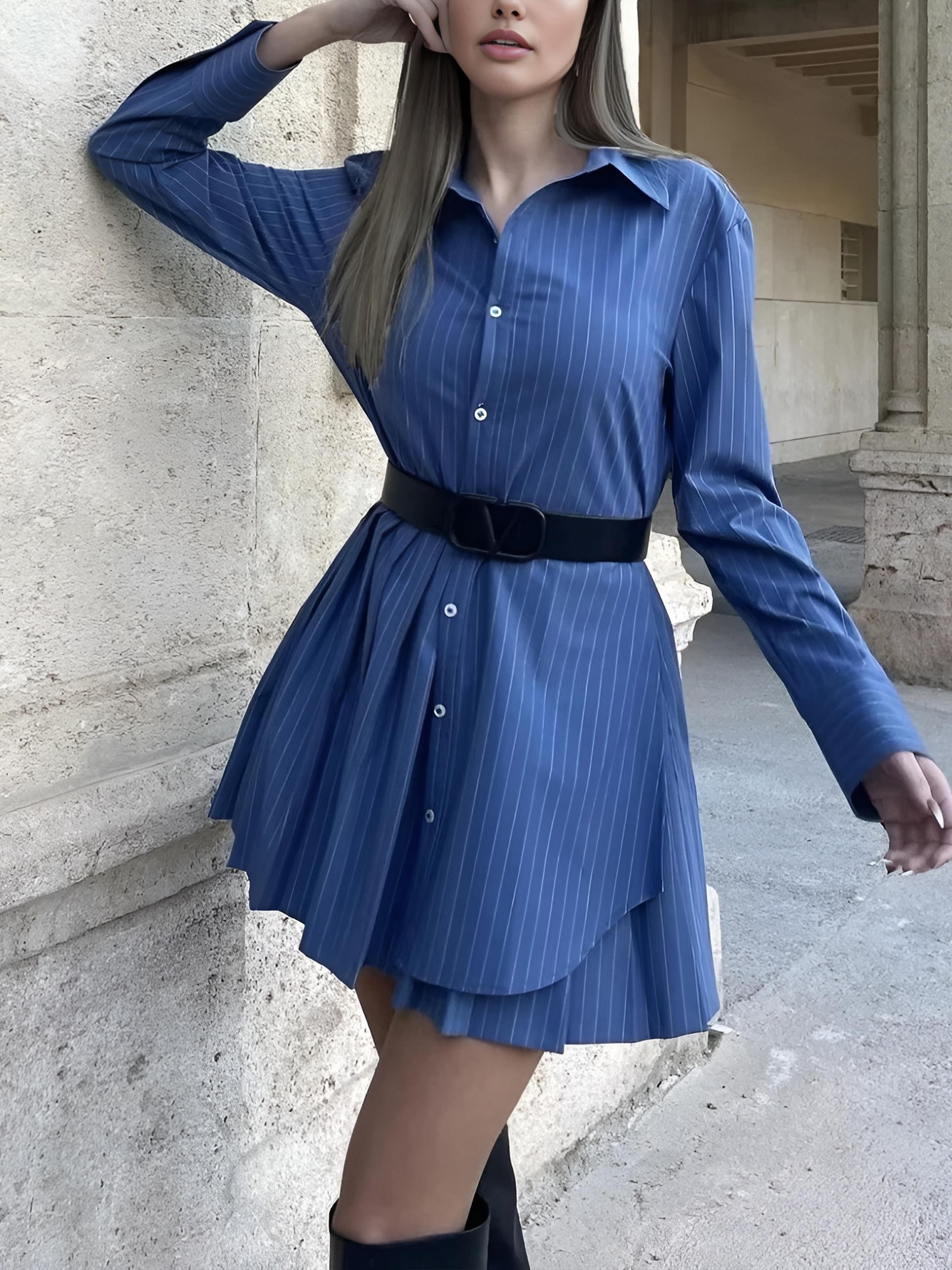 Asymmetrical Pinstripe Pleated Lapel Dress