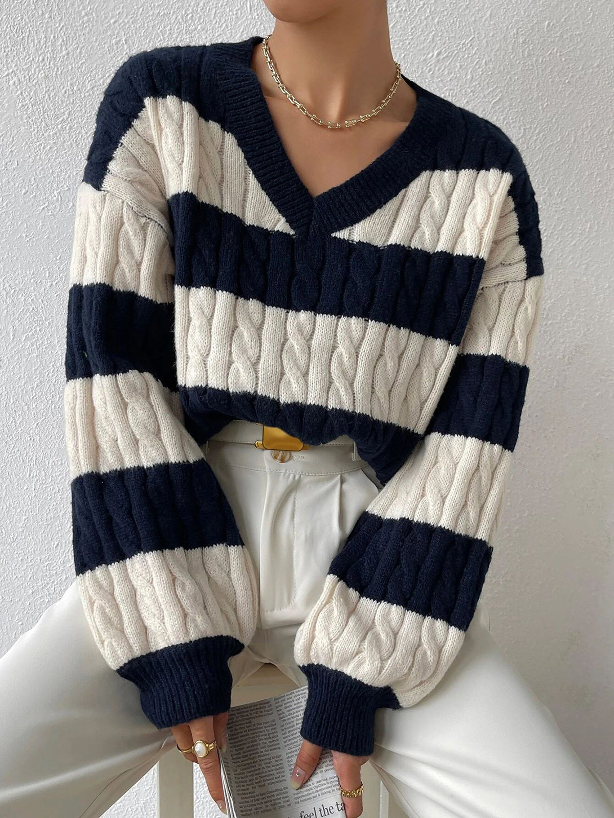 V-Neck Striped Cable Sweater