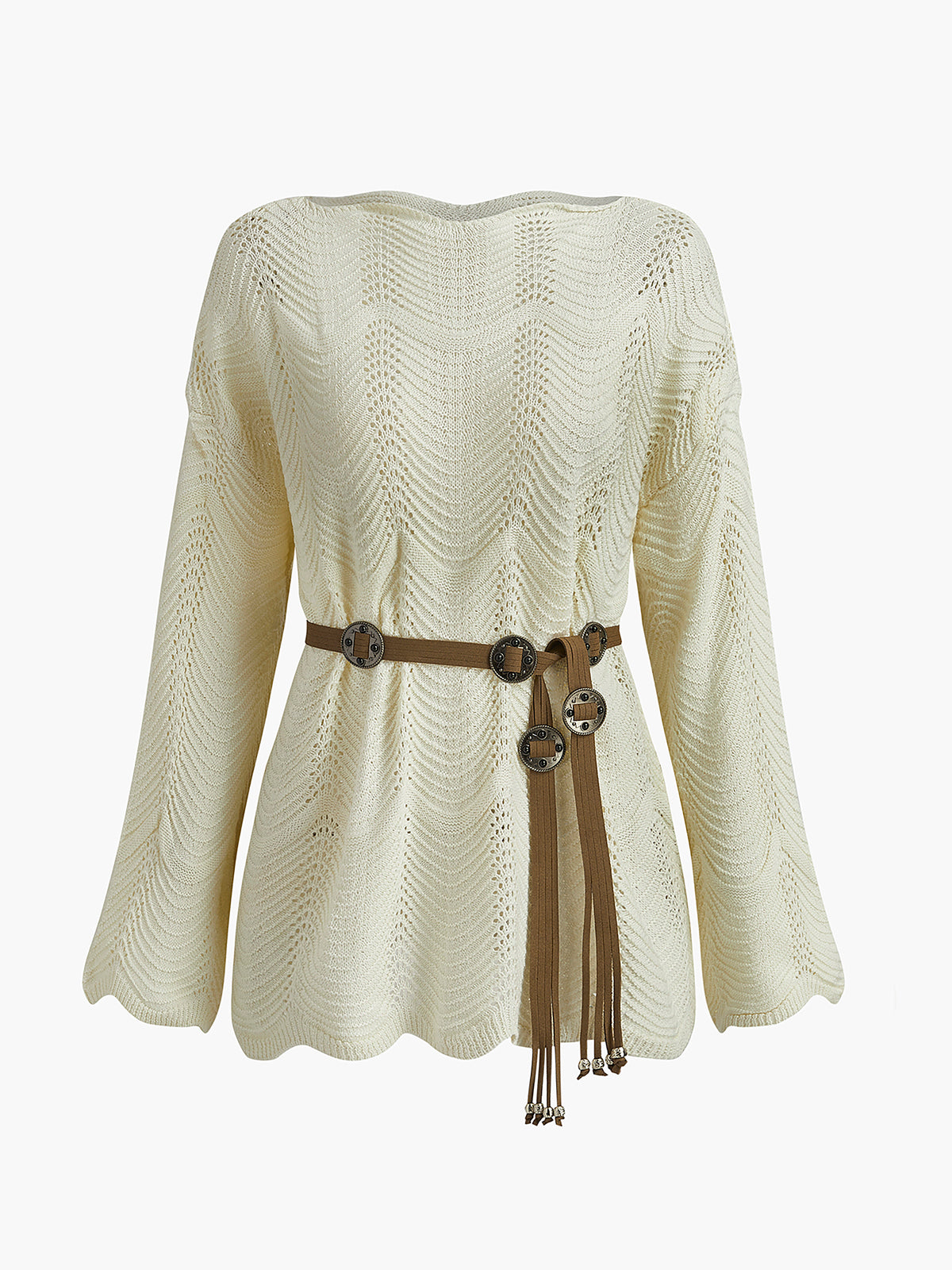 Plain Wave Trim Belted Sweater